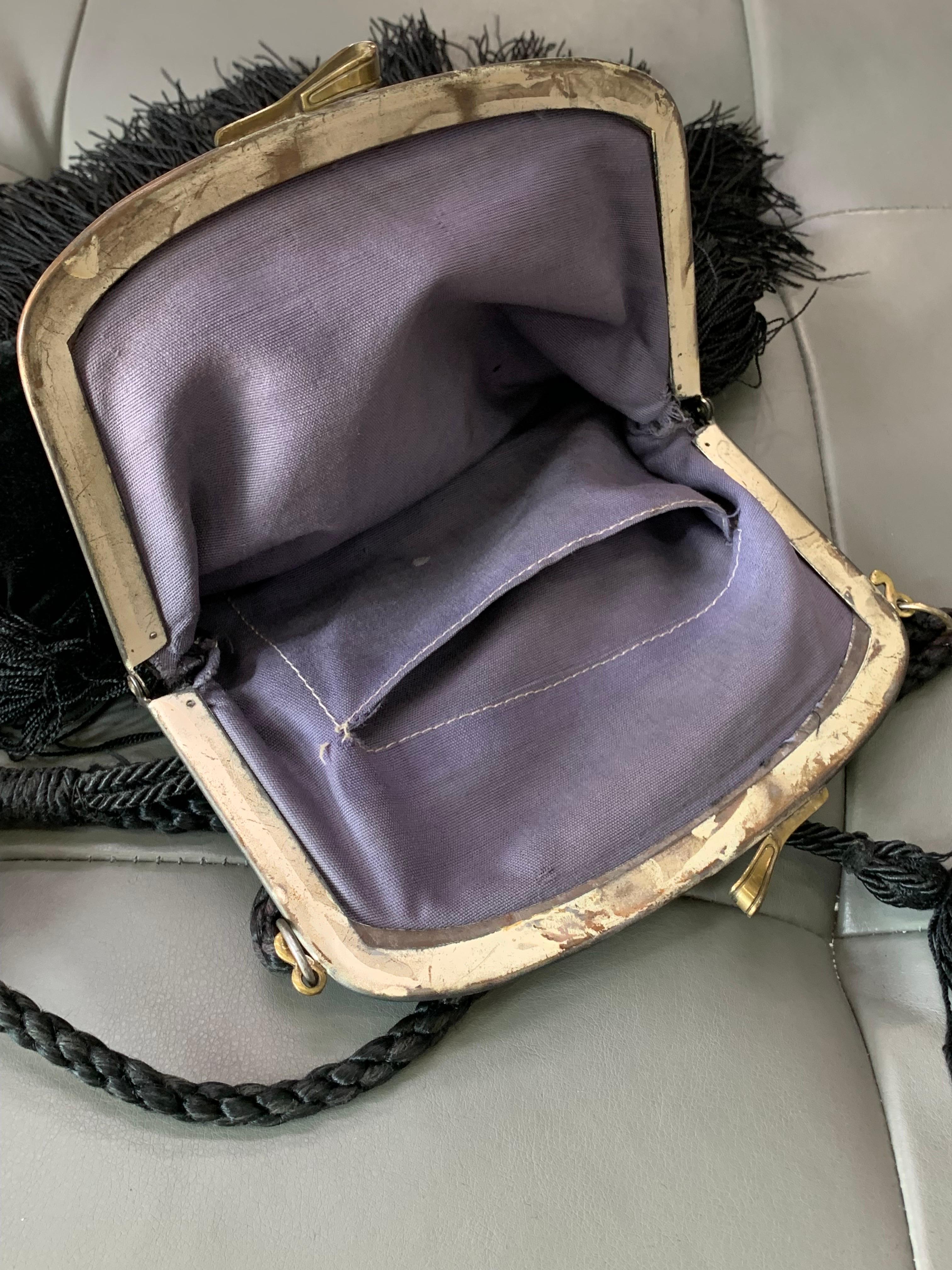 Art Nouveau Black Silk Velvet & Fringed Handbag w Braid Strap & Tassels  For Sale 2