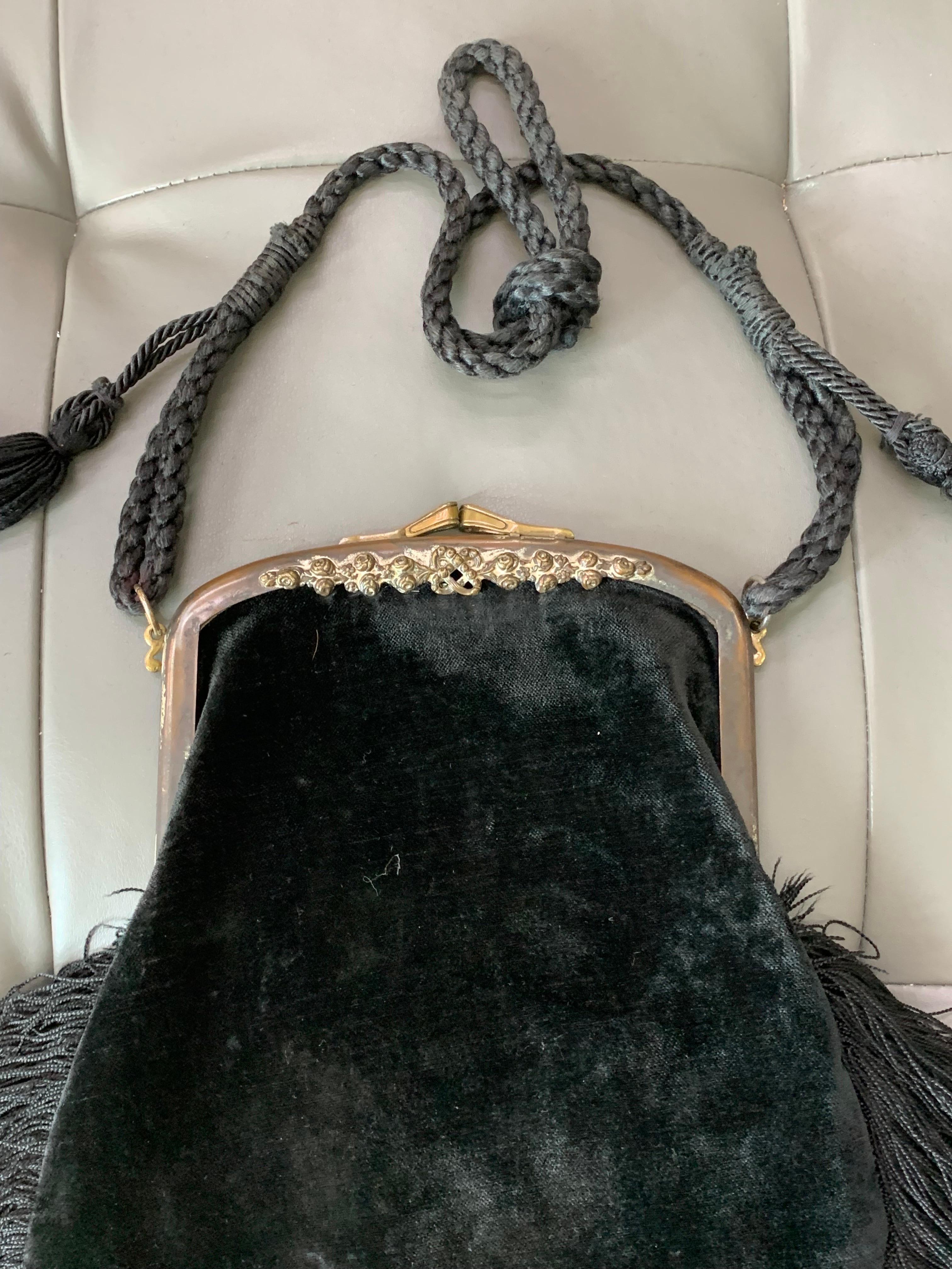 Art Nouveau Black Silk Velvet & Fringed Handbag w Braid Strap & Tassels  For Sale 3