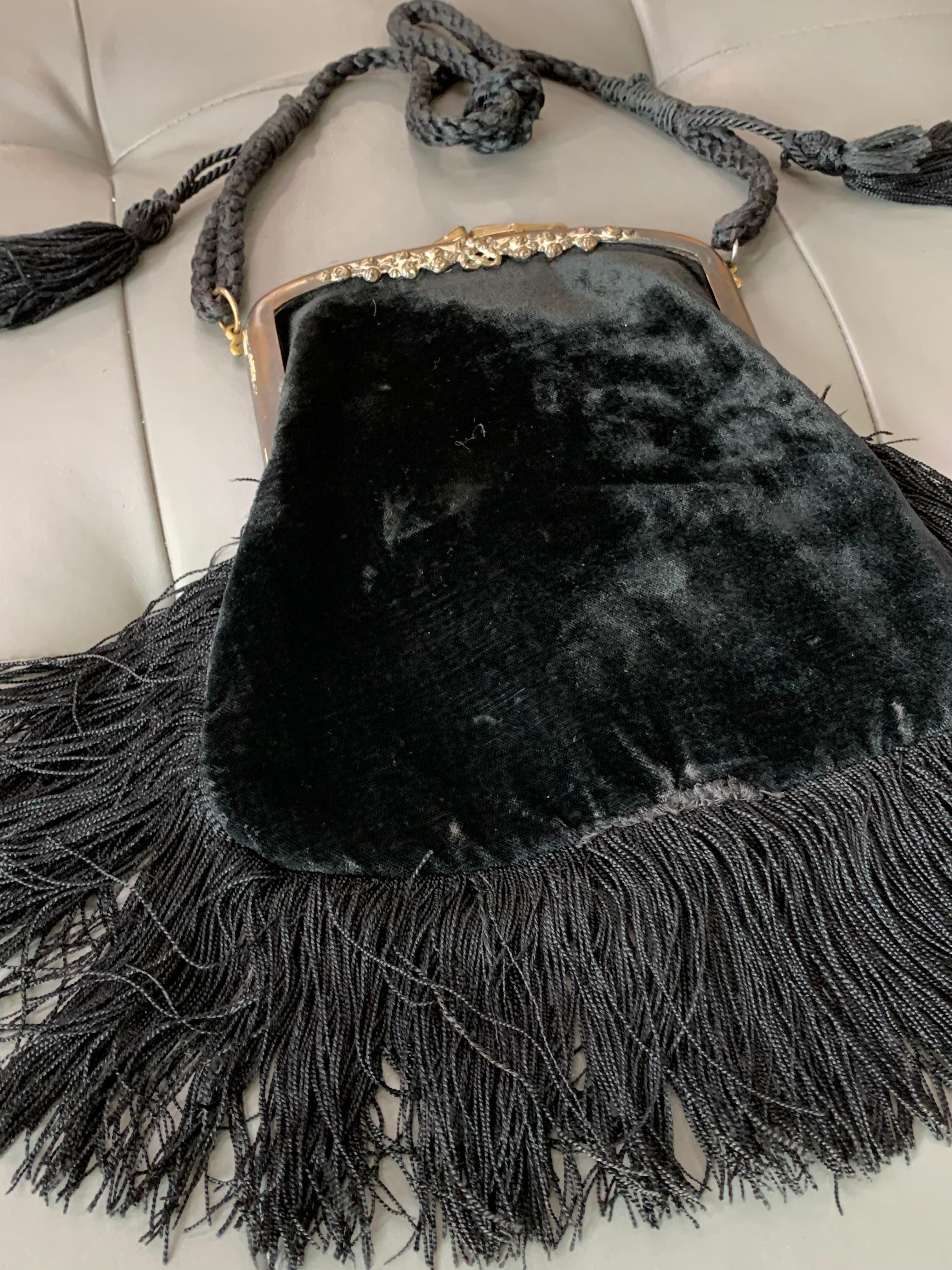 Art Nouveau Black Silk Velvet & Fringed Handbag w Braid Strap & Tassels  For Sale 4