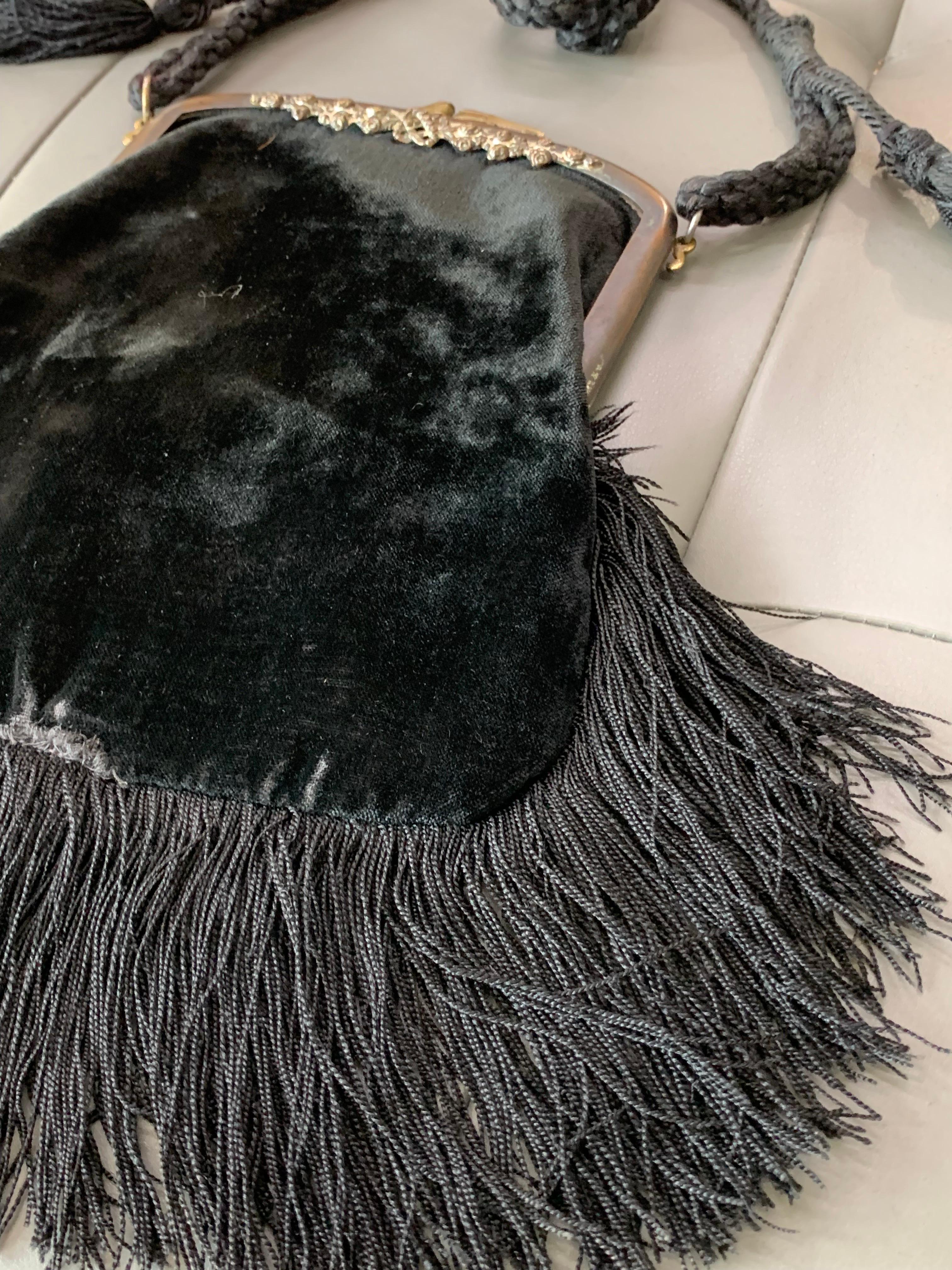 Art Nouveau Black Silk Velvet & Fringed Handbag w Braid Strap & Tassels  For Sale 5