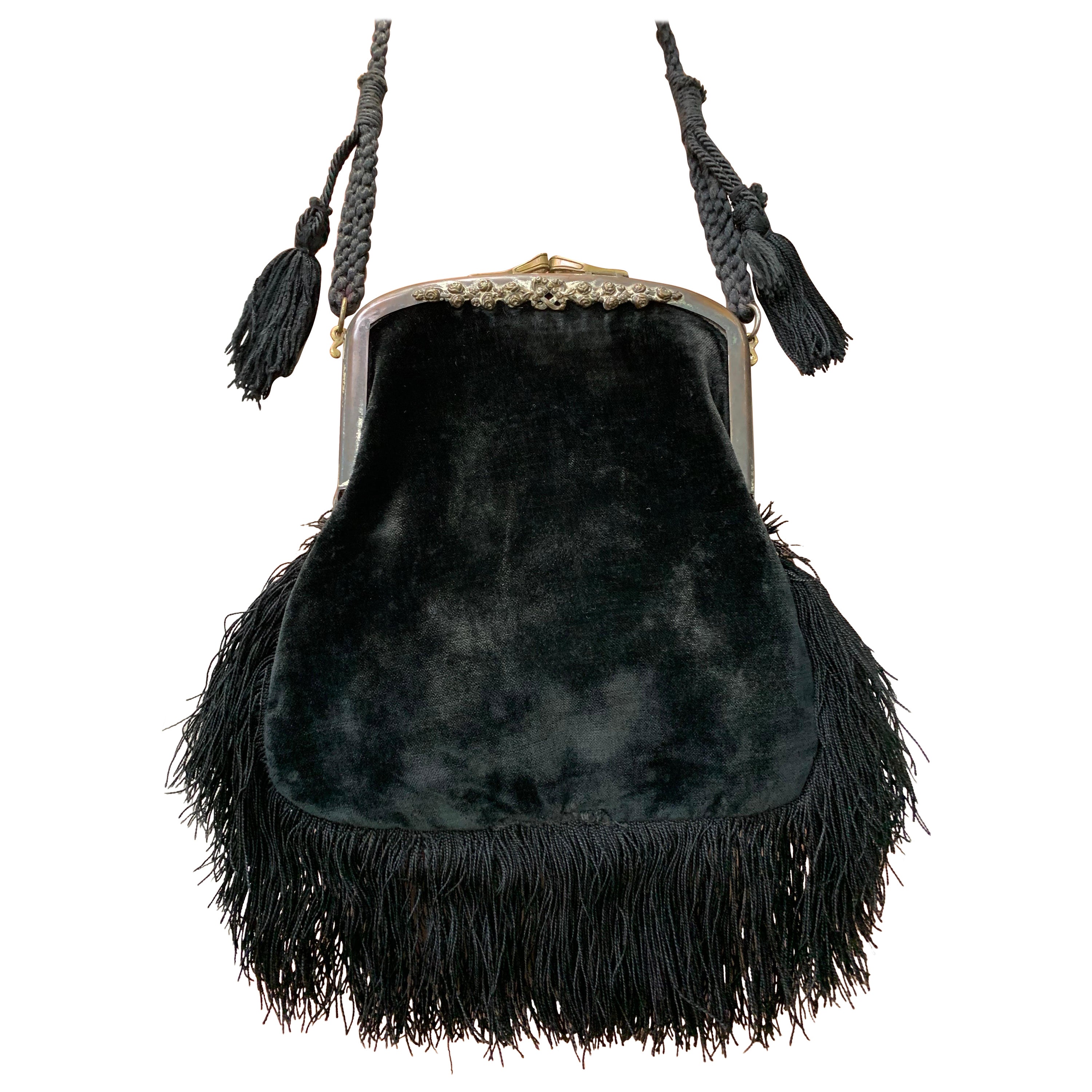 Art Nouveau Black Silk Velvet 
Fringed Handbag w Braid Strap 
Tassels