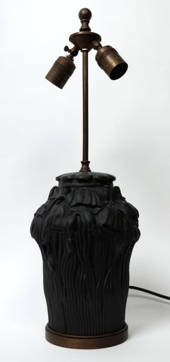 Art Nouveau Black Terracotta Table Lamp Floral Decor by L. Hjorth, Denmark 1920s