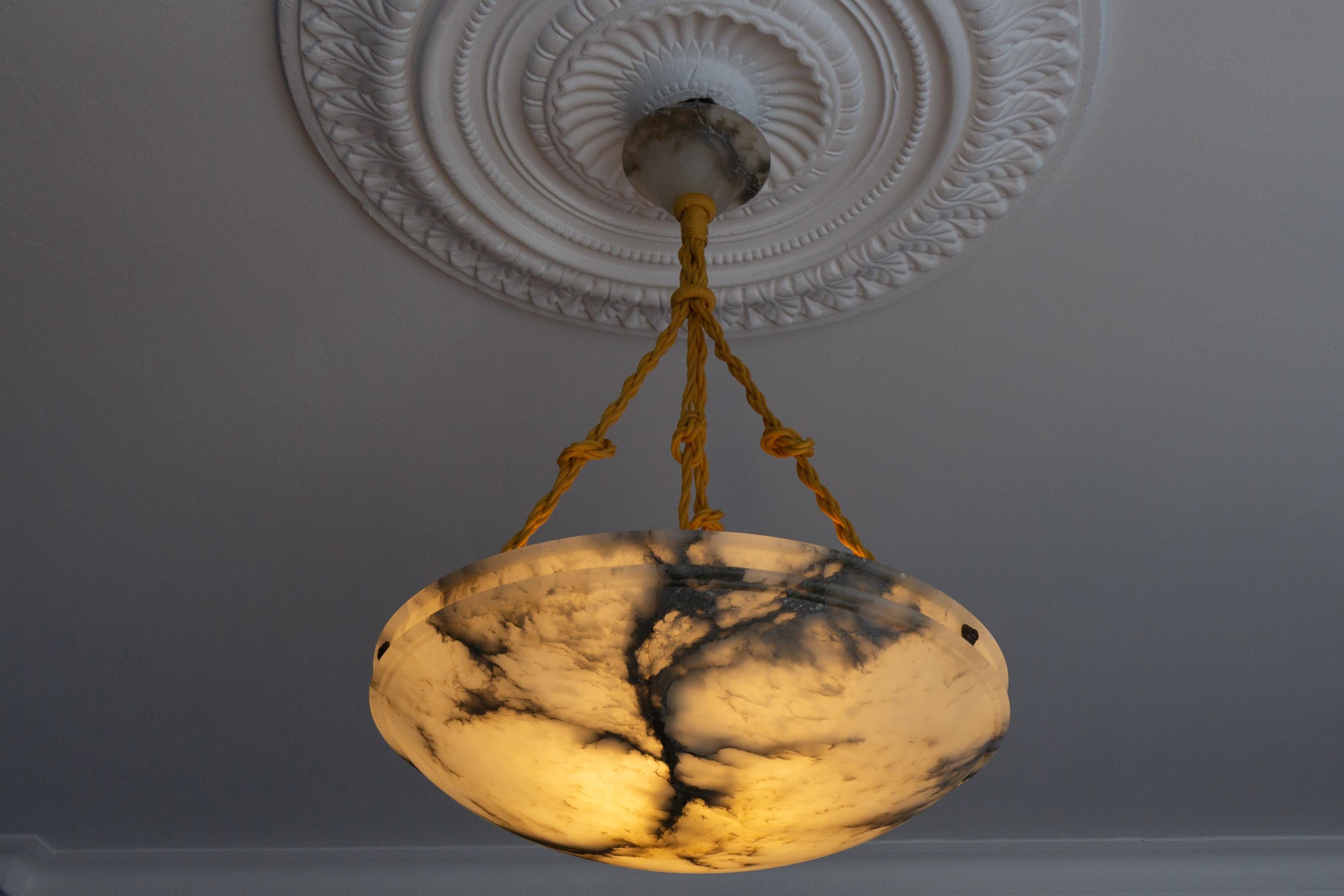 German Art Nouveau Black Veined White Alabaster Pendant Light Fixture, ca. 1920