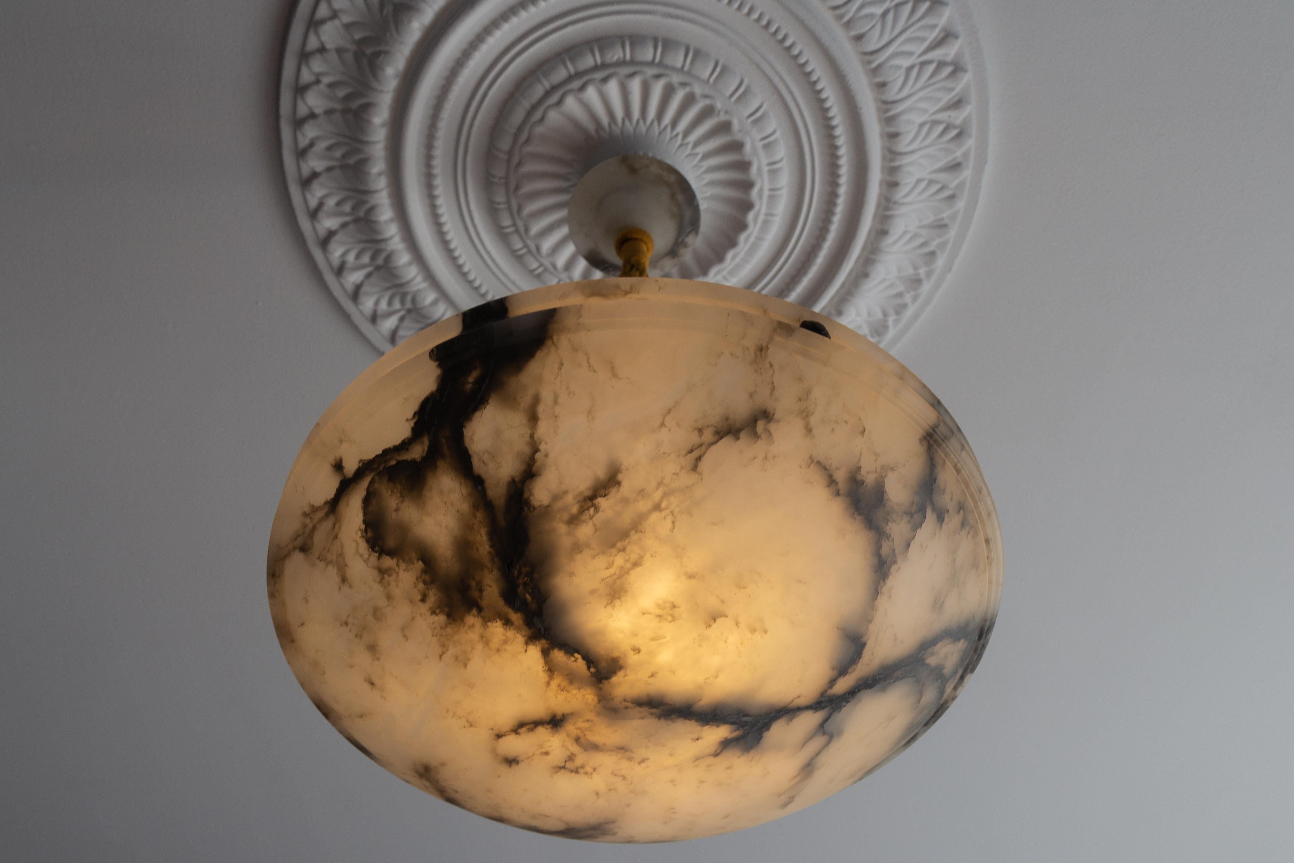 Early 20th Century Art Nouveau Black Veined White Alabaster Pendant Light Fixture, ca. 1920