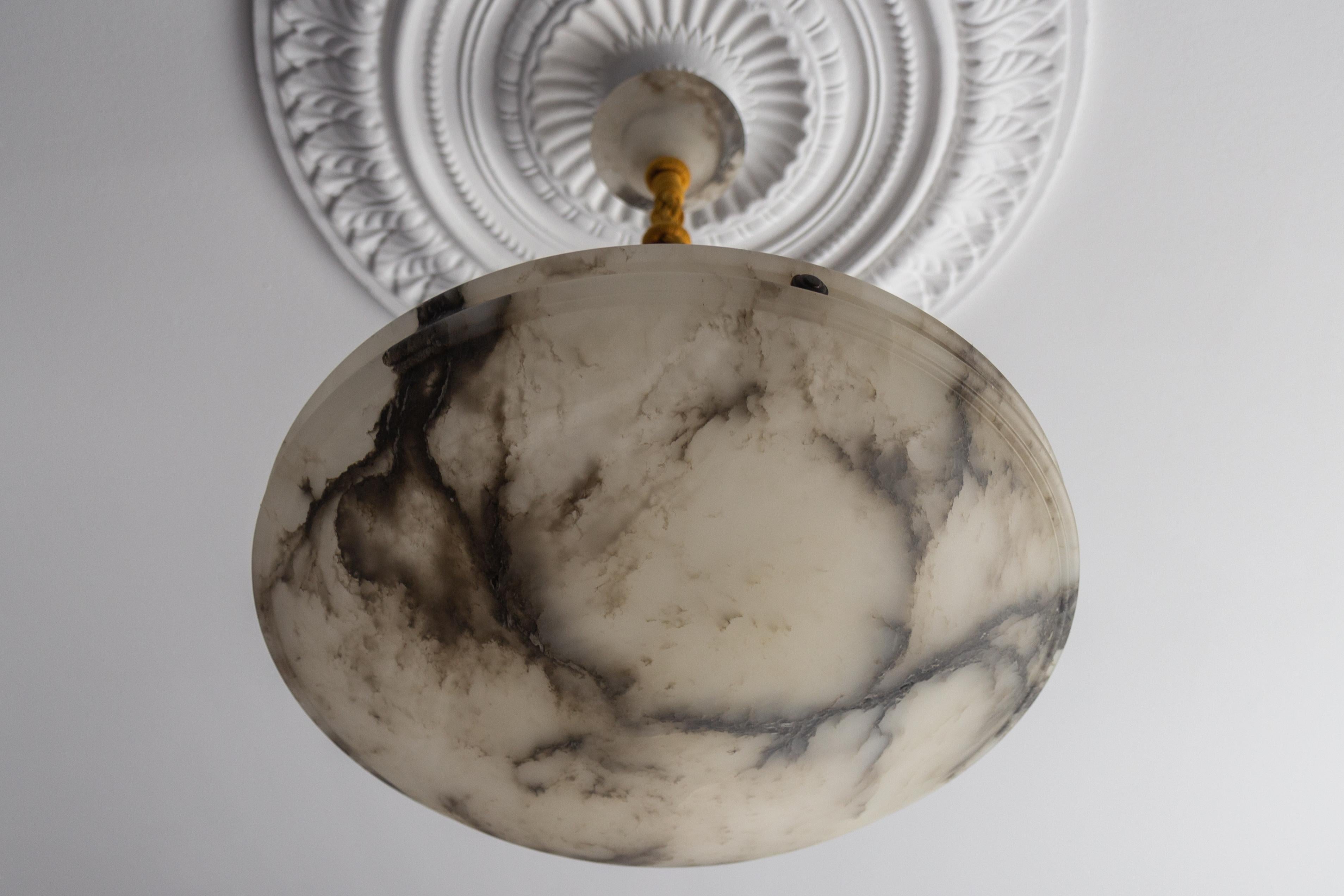 Metal Art Nouveau Black Veined White Alabaster Pendant Light Fixture, ca. 1920