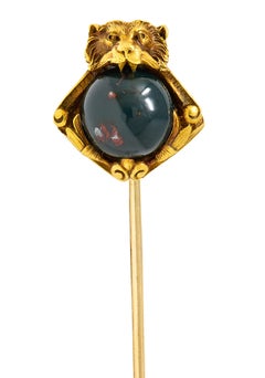 Cabochon de pierre sanguine Art Nouveau Or jaune 18 carats Lion Lotus Stickpin