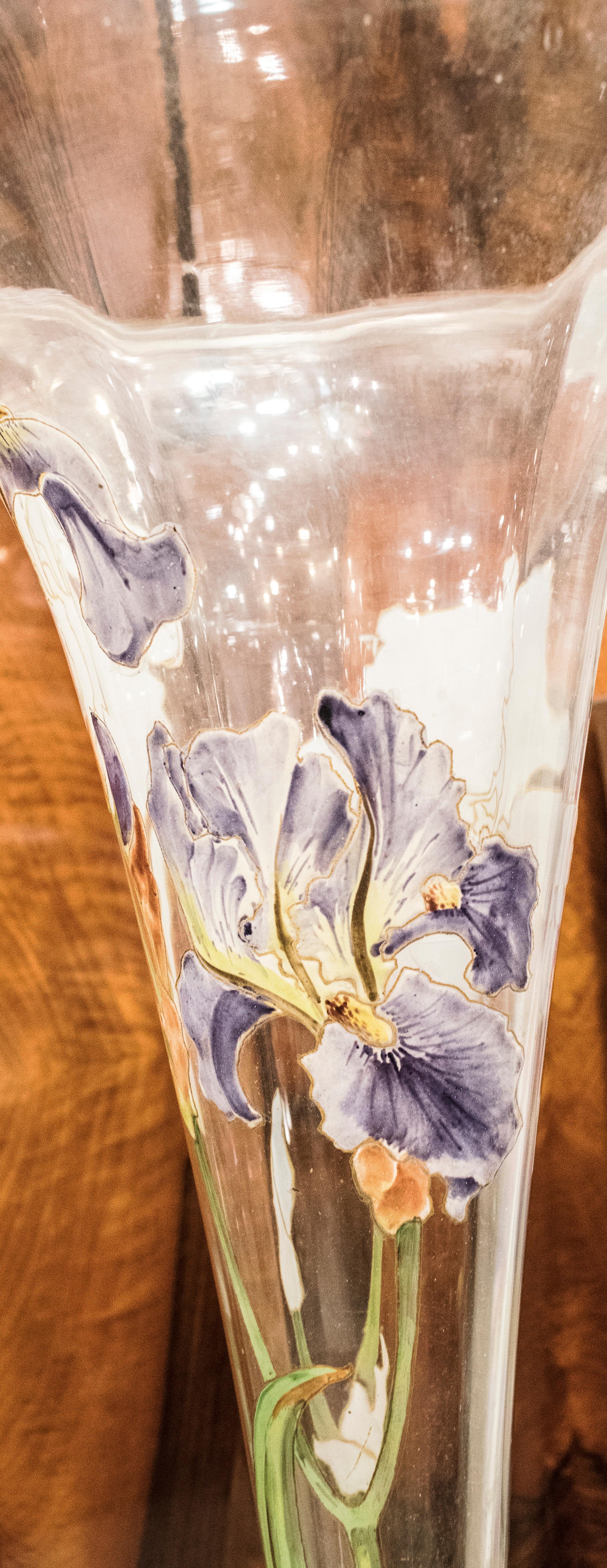 Art Nouveau Blown Glass Painted with Iris Pattern Vase 4