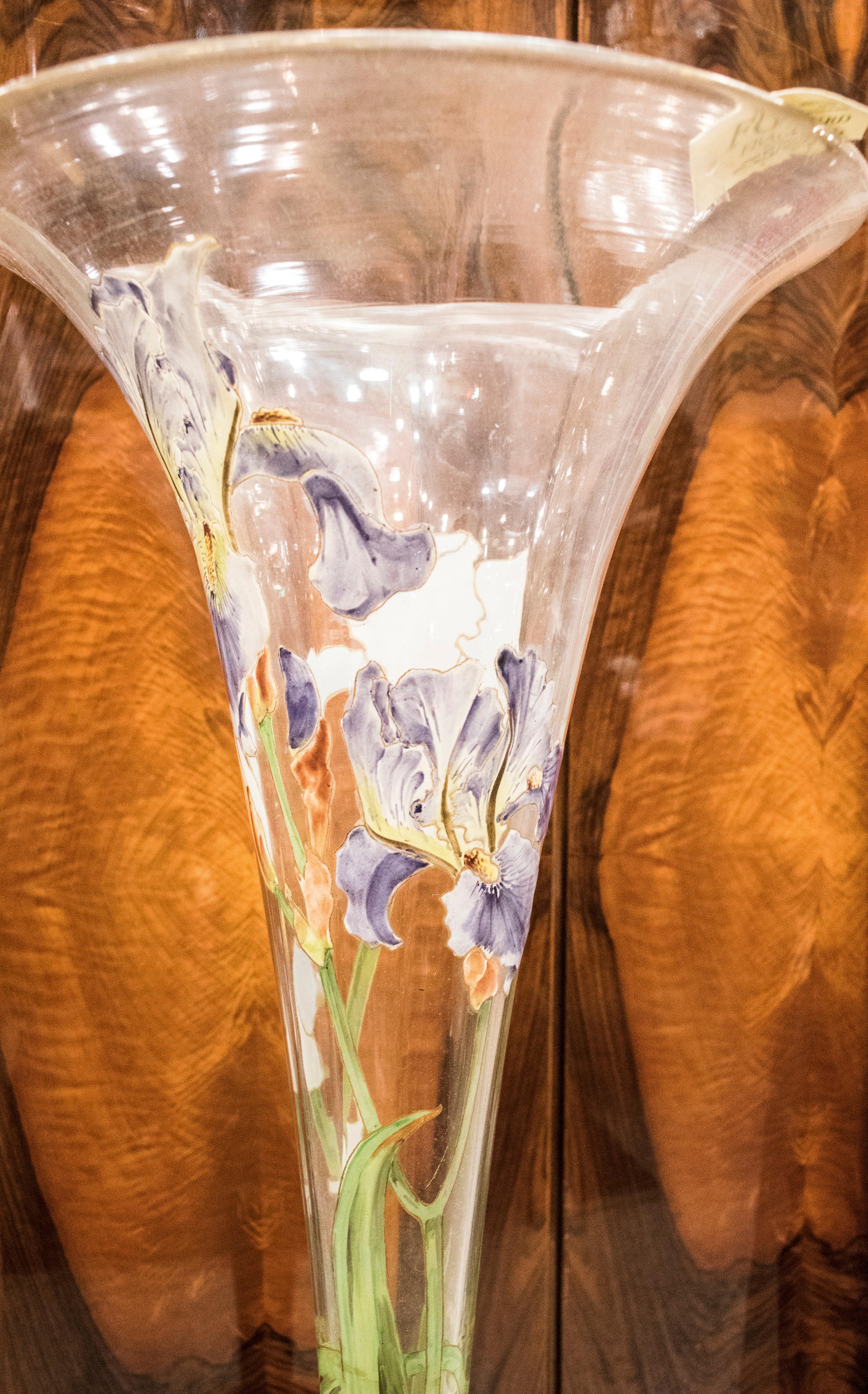 Art Nouveau Blown Glass Painted with Iris Pattern Vase 6