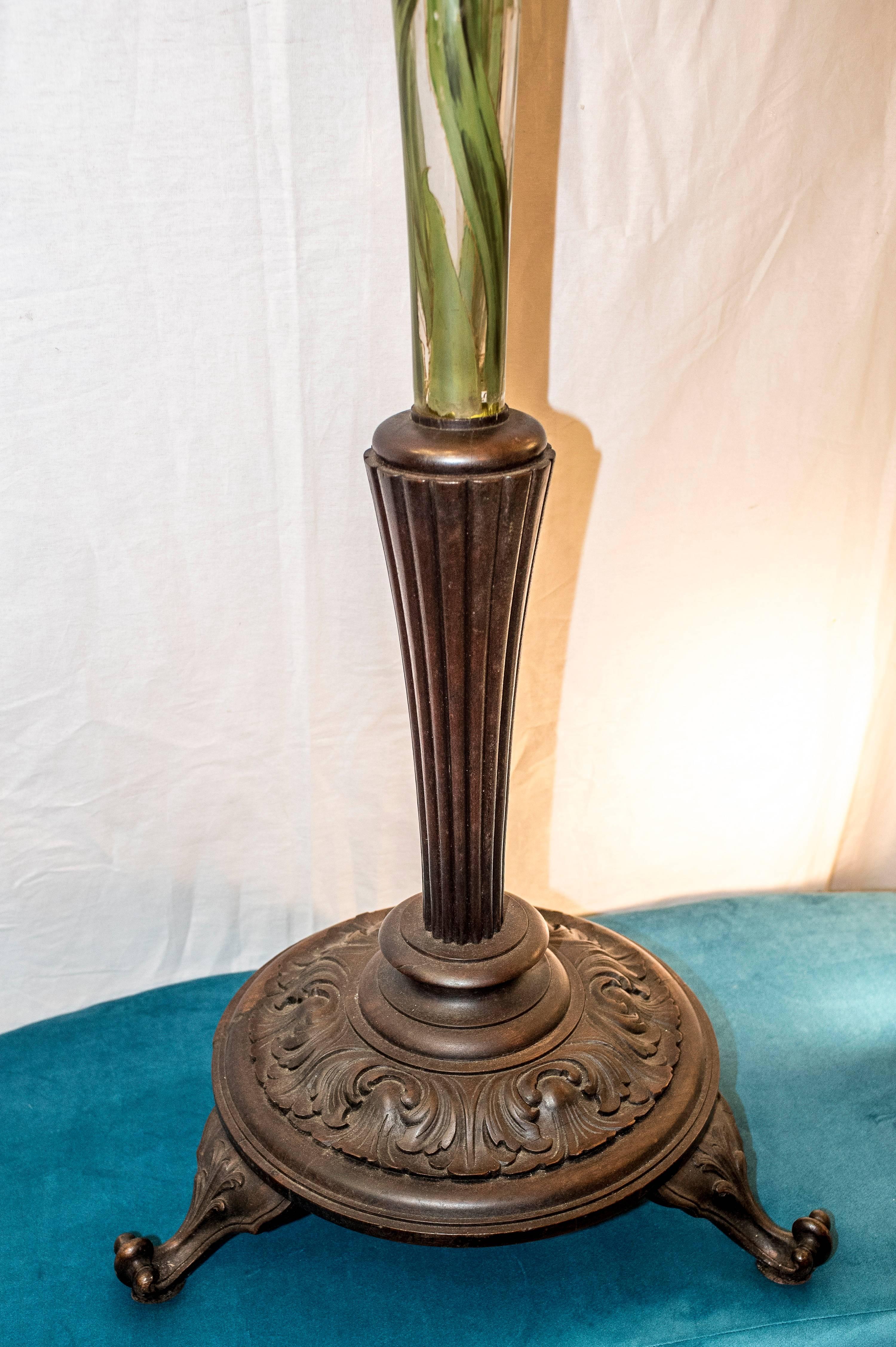 French Art Nouveau Blown Glass Painted with Iris Pattern Vase