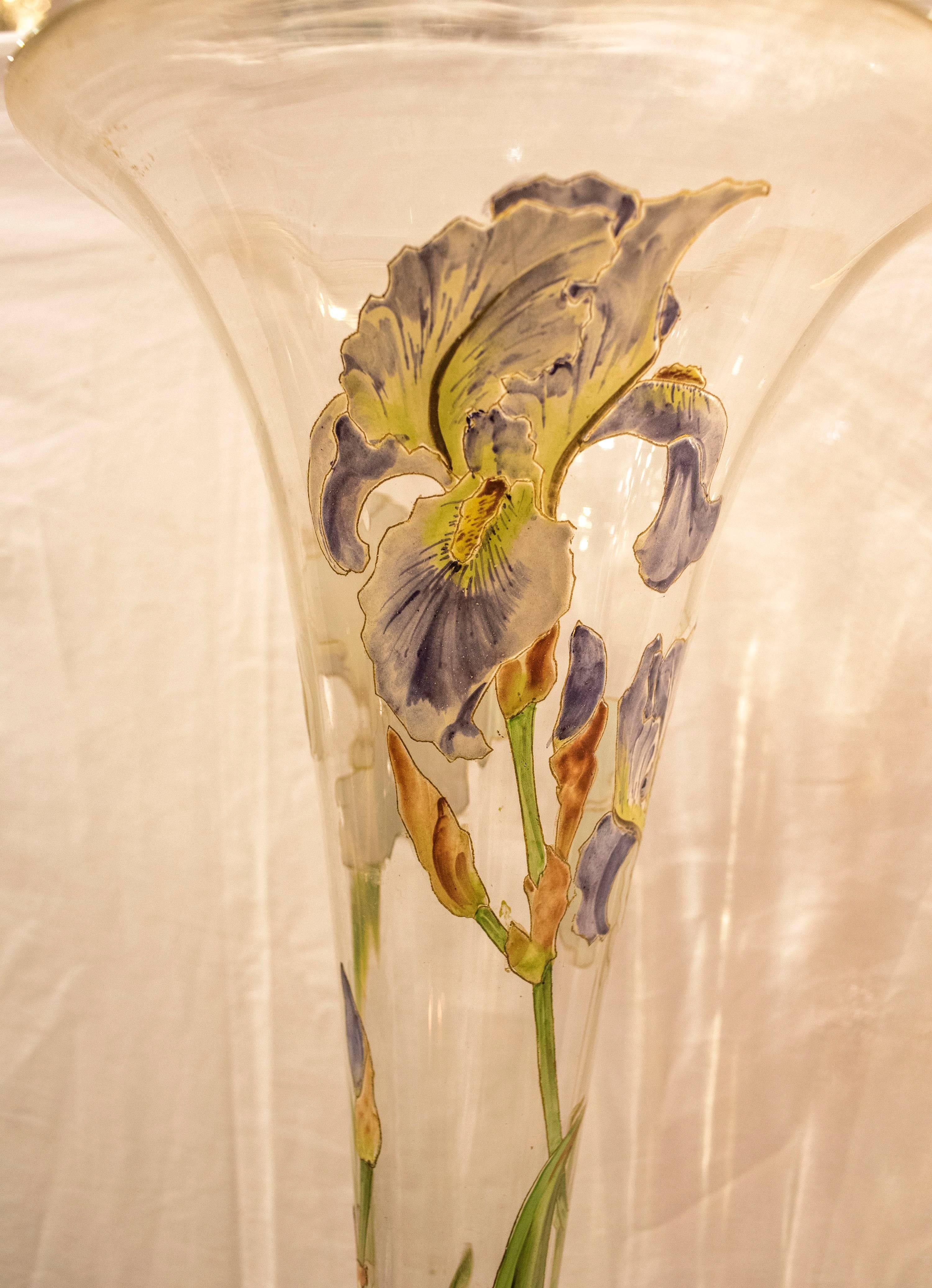 Art Nouveau Blown Glass Painted with Iris Pattern Vase In Excellent Condition In Valladolid, ES