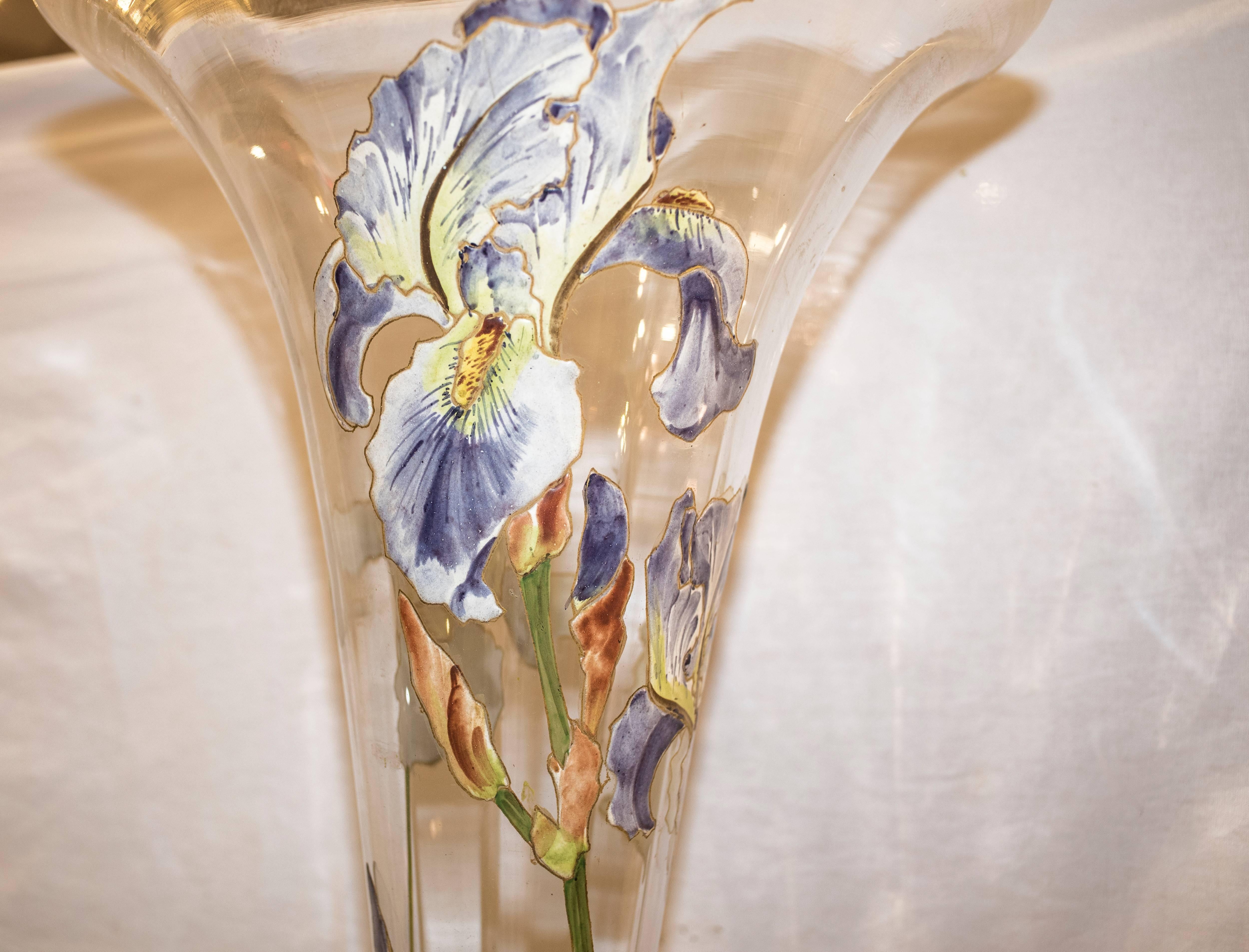 Early 20th Century Art Nouveau Blown Glass Painted with Iris Pattern Vase