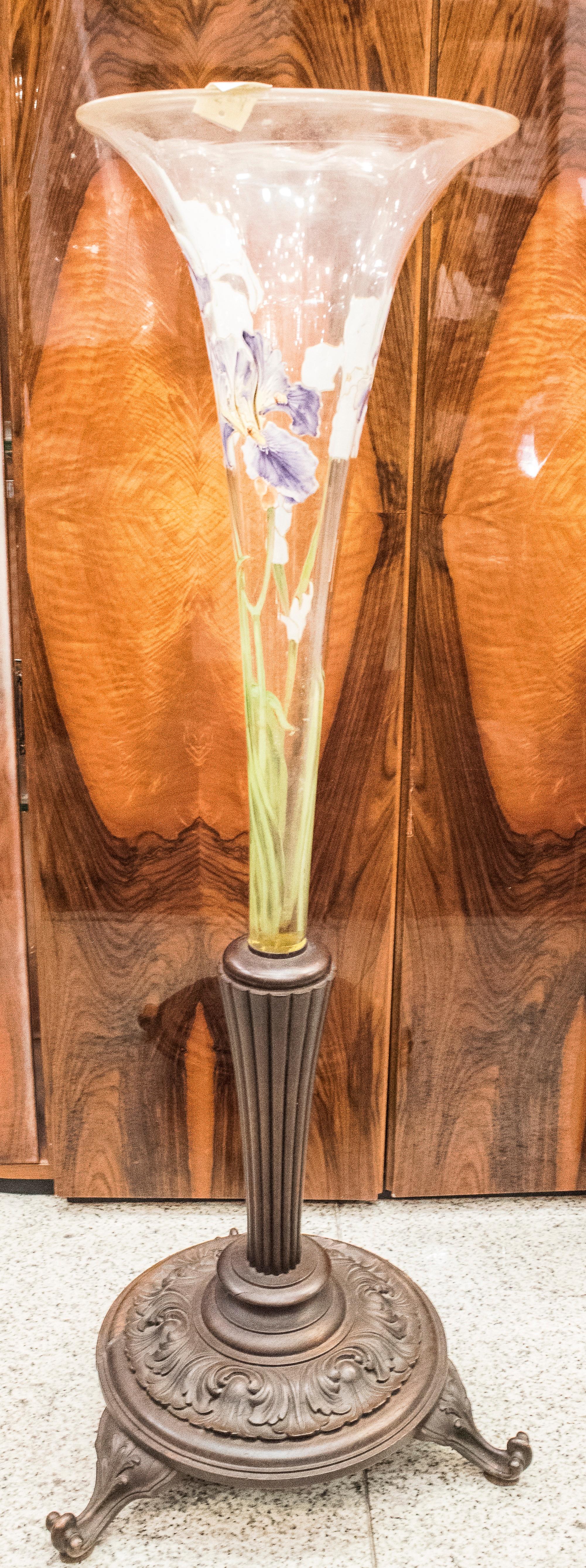 Art Nouveau Blown Glass Painted with Iris Pattern Vase 1