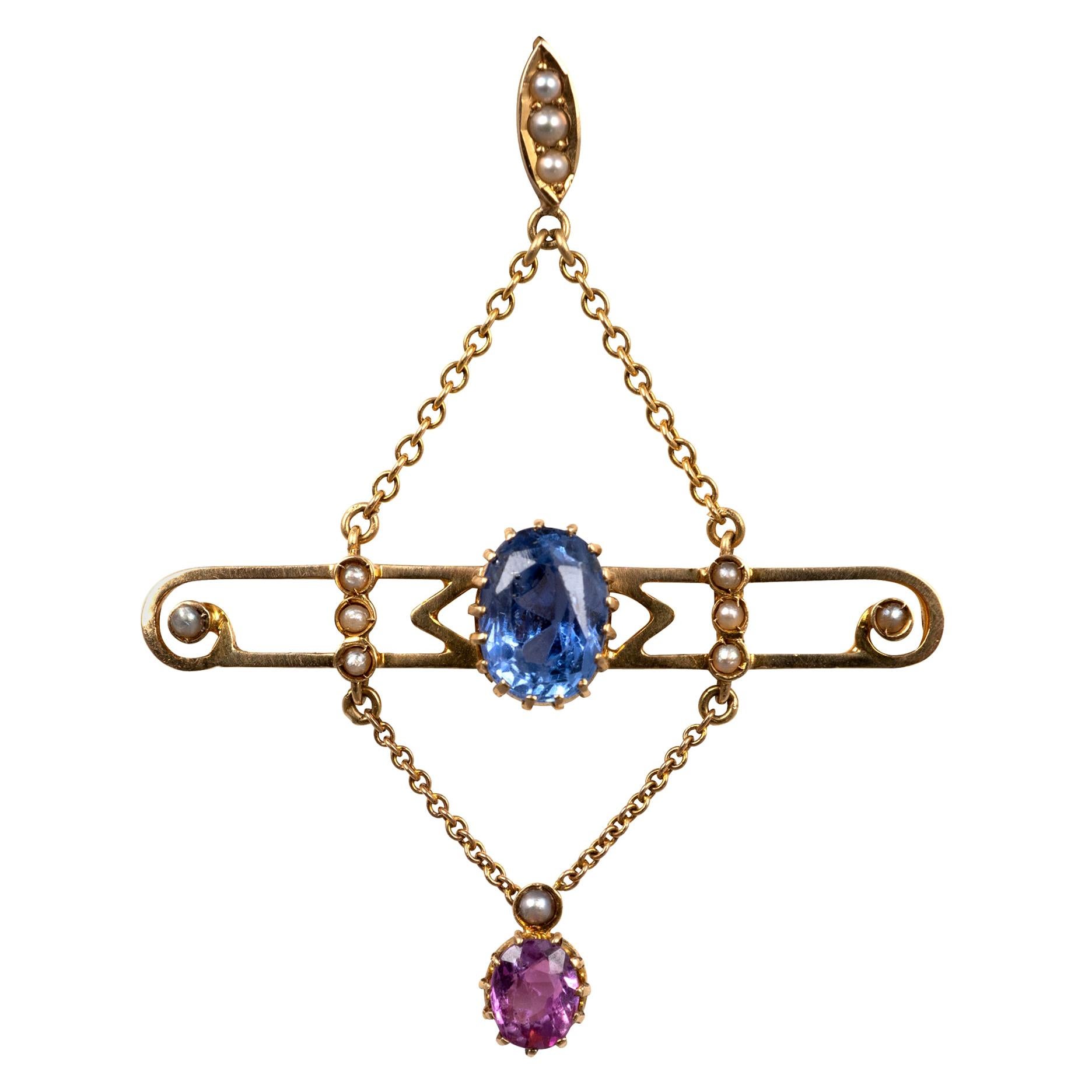 Art Nouveau Blue and Pink Sapphire Pearl Pendant Necklace 15 Carat Yellow Gold For Sale
