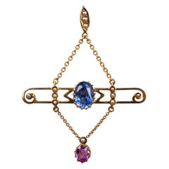 Art Nouveau Blue and Pink Sapphire Pearl Pendant Necklace 15 Carat Yellow Gold