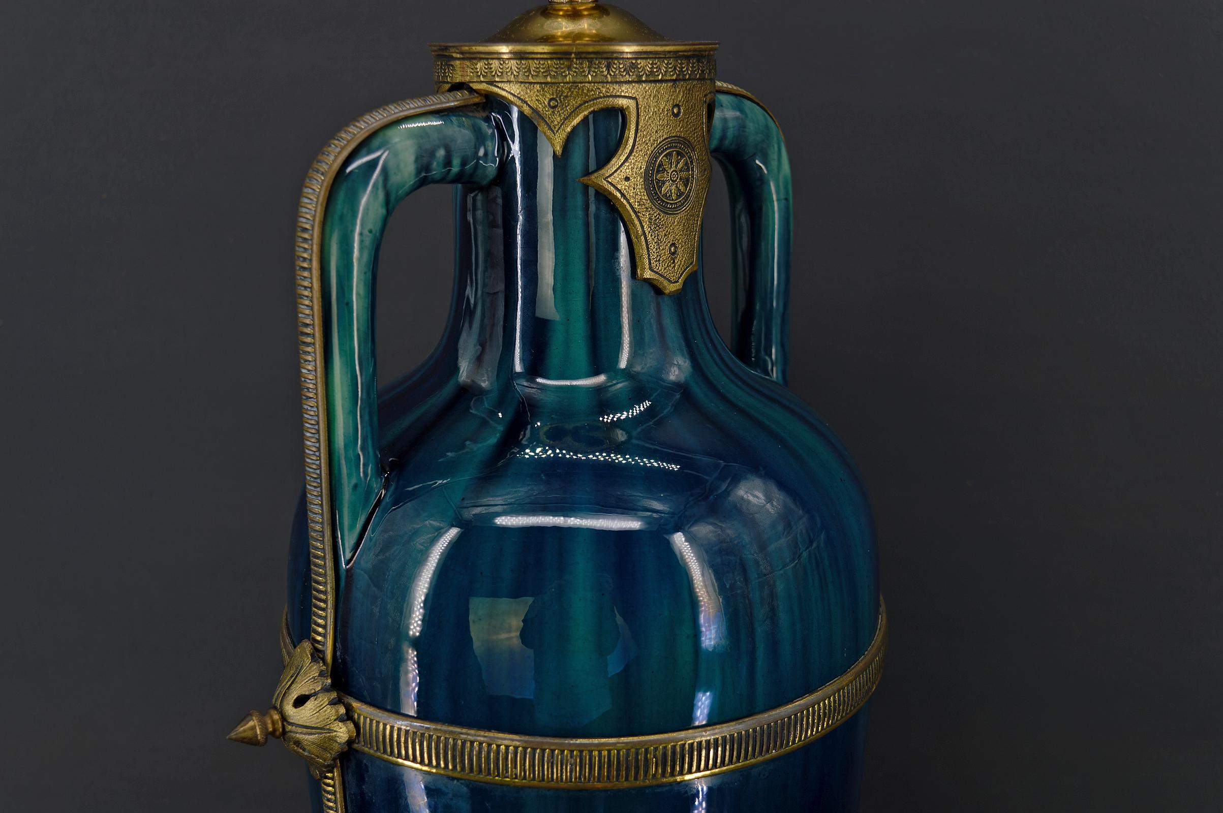 Art Nouveau Blue Ceramic Vase-Lamp attributed to Paul Milet, France, circa 1900 For Sale 6