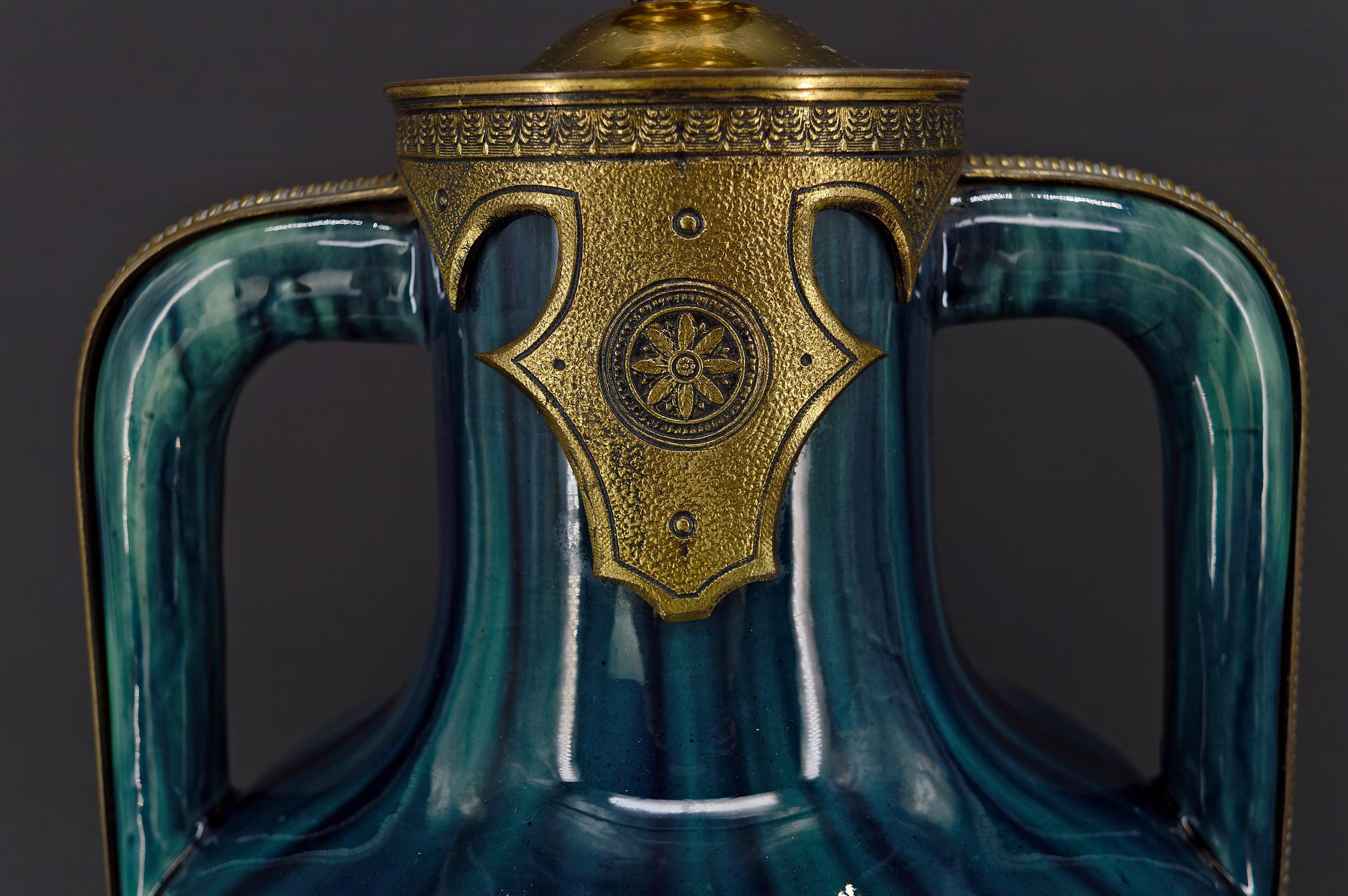 Art Nouveau Blue Ceramic Vase-Lamp attributed to Paul Milet, France, circa 1900 For Sale 9