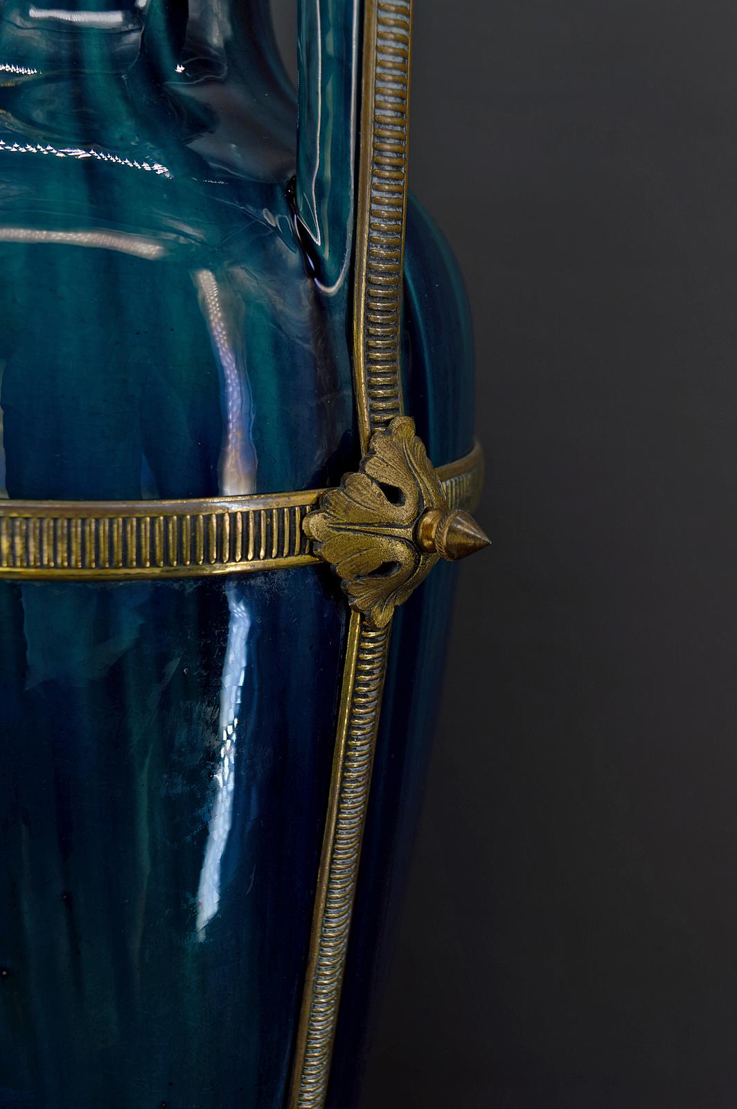 Art Nouveau Blue Ceramic Vase-Lamp attributed to Paul Milet, France, circa 1900 For Sale 11