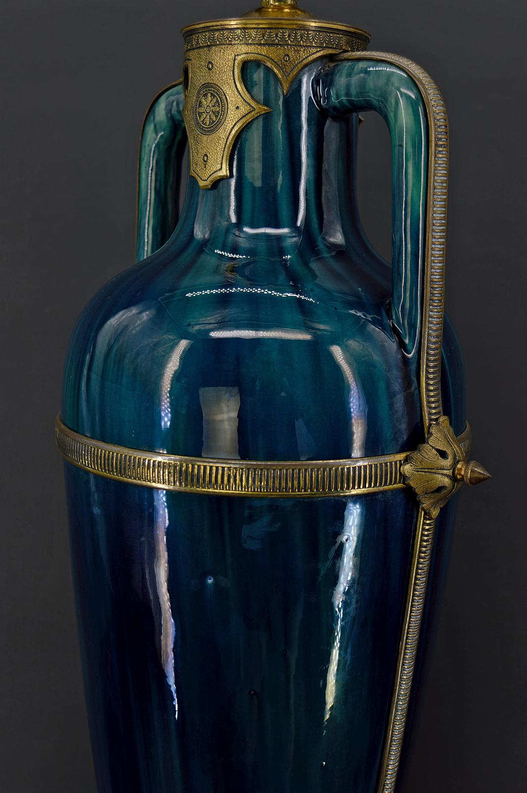 Art Nouveau Blue Ceramic Vase-Lamp attributed to Paul Milet, France, circa 1900 For Sale 5