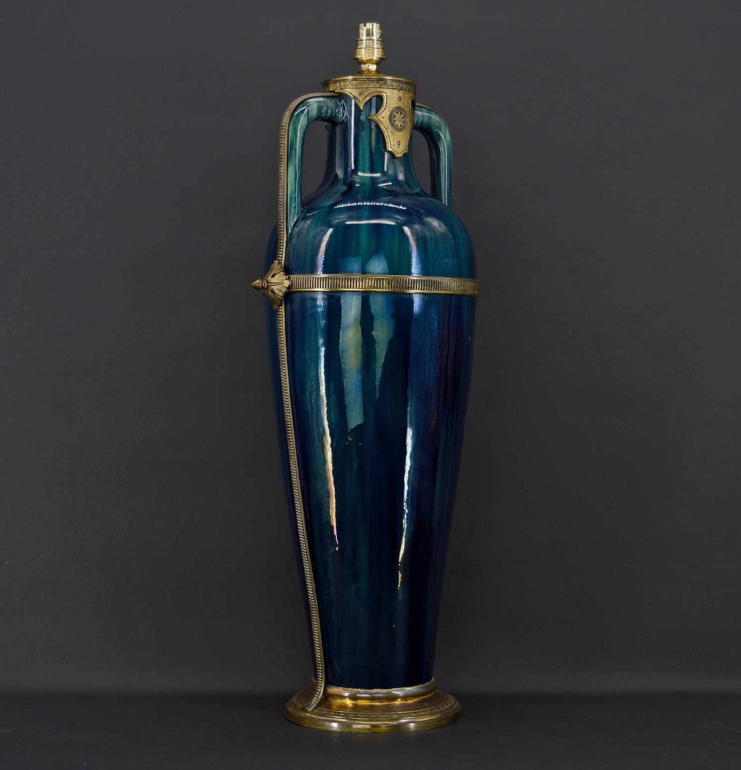 French Art Nouveau Blue Ceramic Vase-Lamp attributed to Paul Milet, France, circa 1900 For Sale