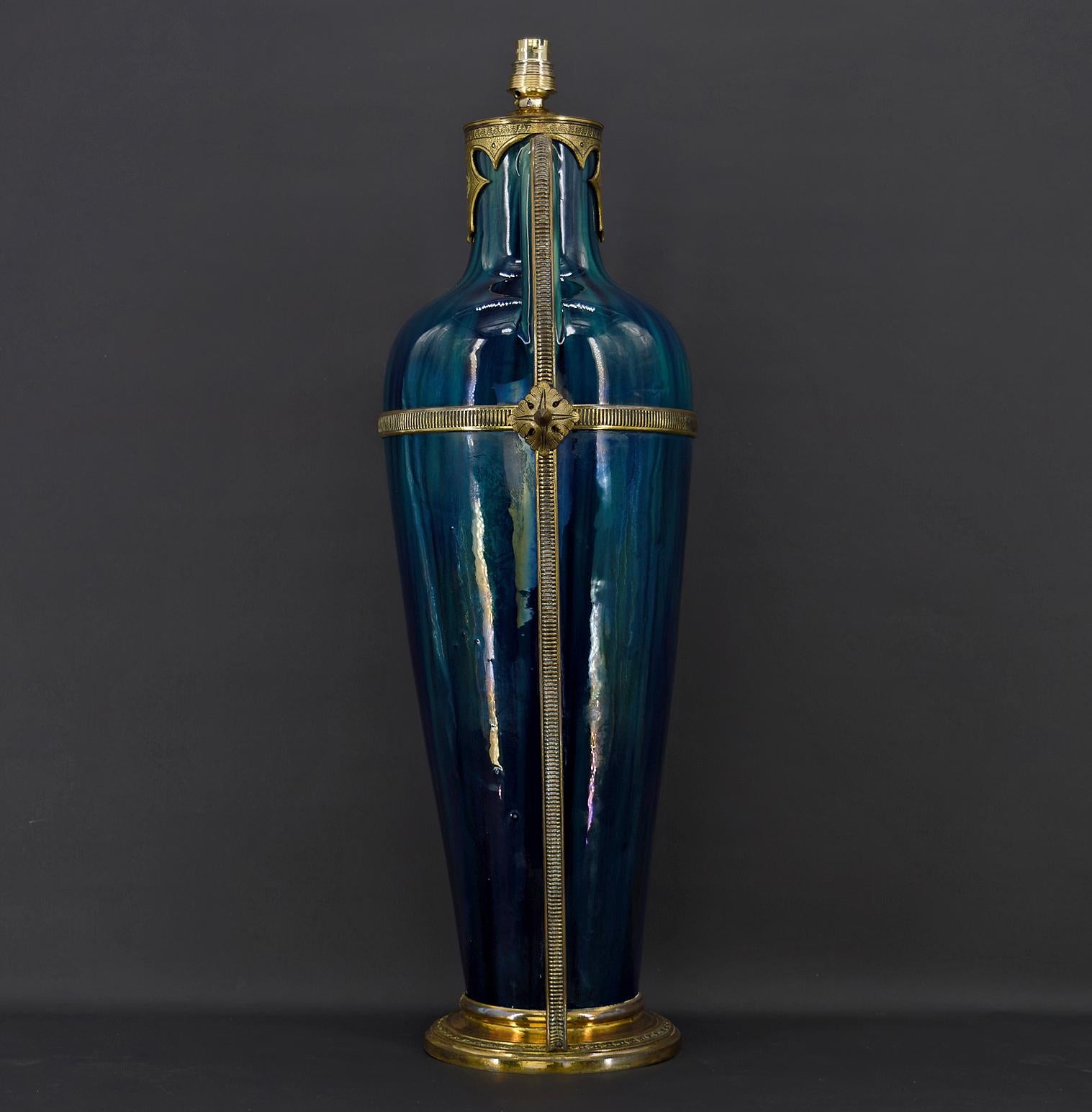Art Nouveau Blue Ceramic Vase-Lamp attributed to Paul Milet, France, circa 1900 In Good Condition For Sale In VÉZELAY, FR