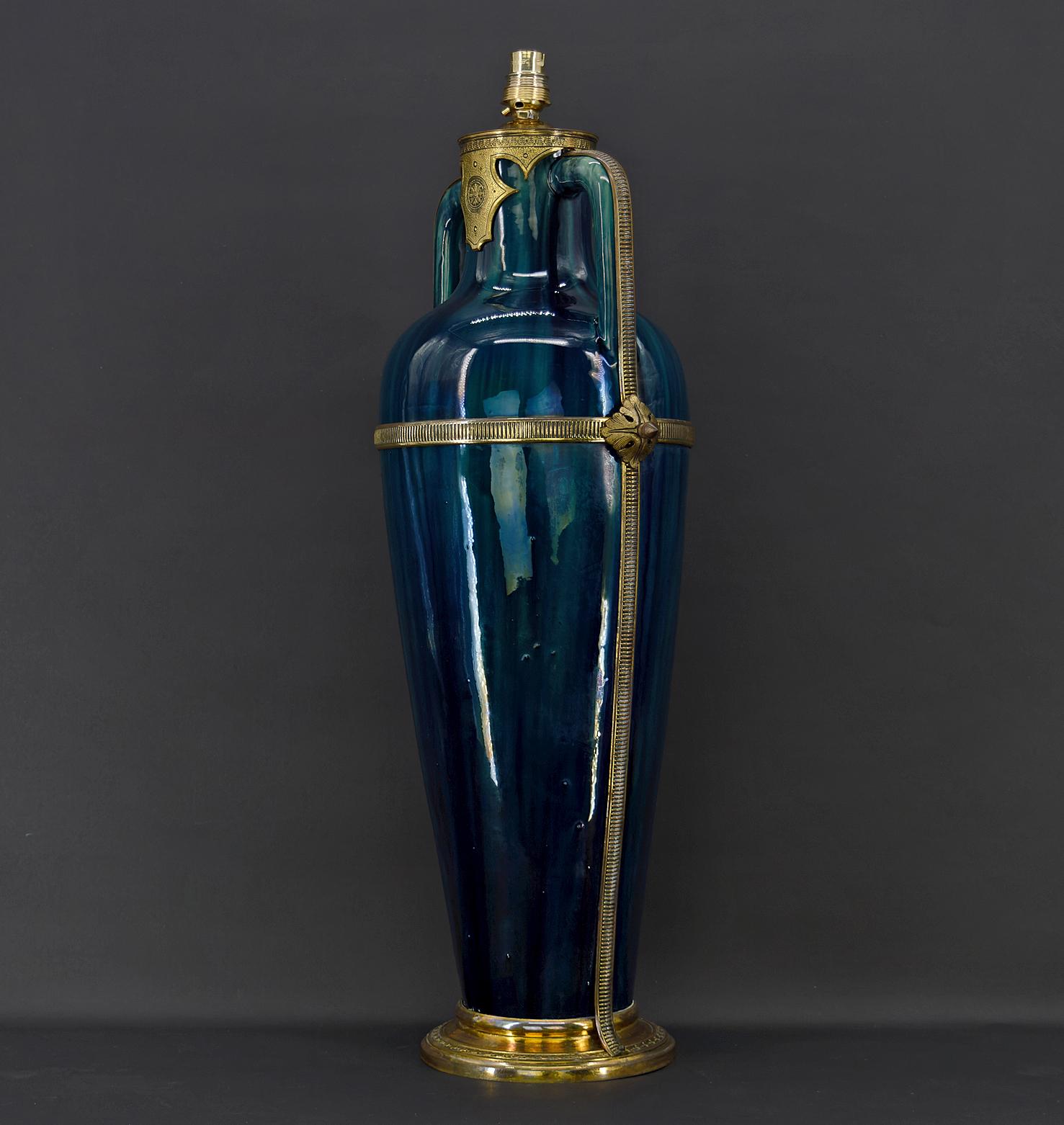 Early 20th Century Art Nouveau Blue Ceramic Vase-Lamp attributed to Paul Milet, France, circa 1900 For Sale