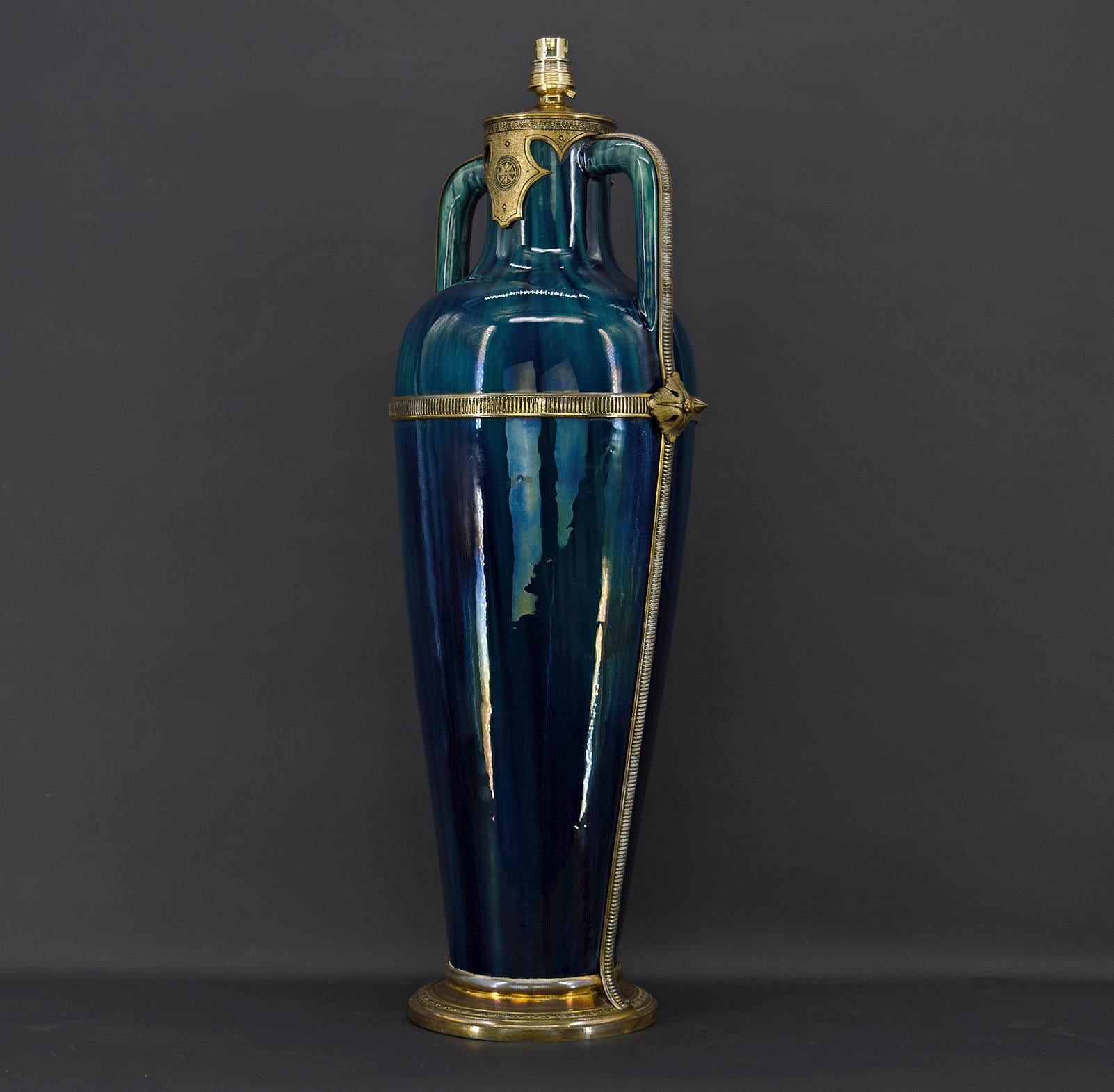 Art Nouveau Blue Ceramic Vase-Lamp attributed to Paul Milet, France, circa 1900 For Sale 4