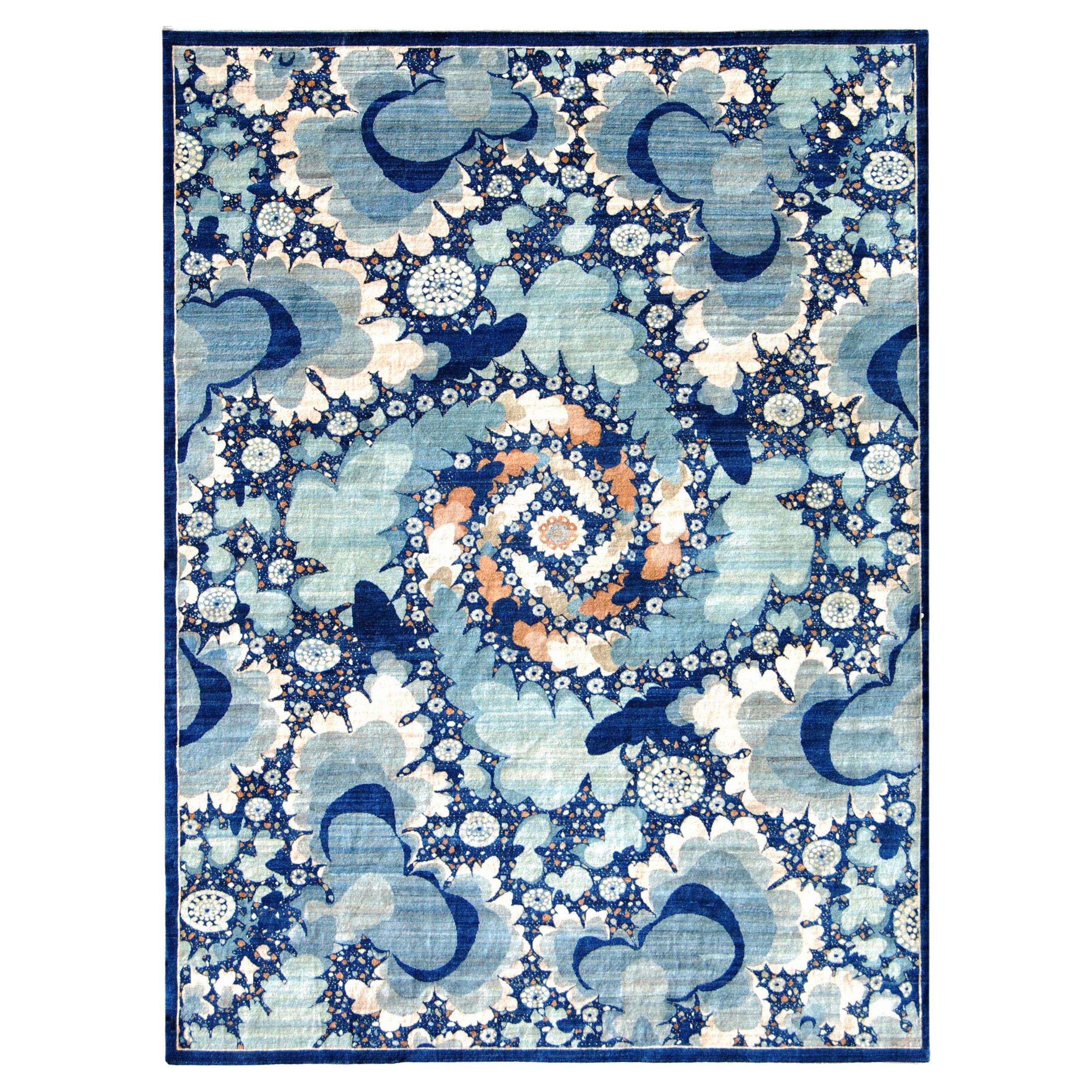 Tappeto persiano annodato a mano in lana blu, rame e avorio Art Nouveau, 9' x 12'