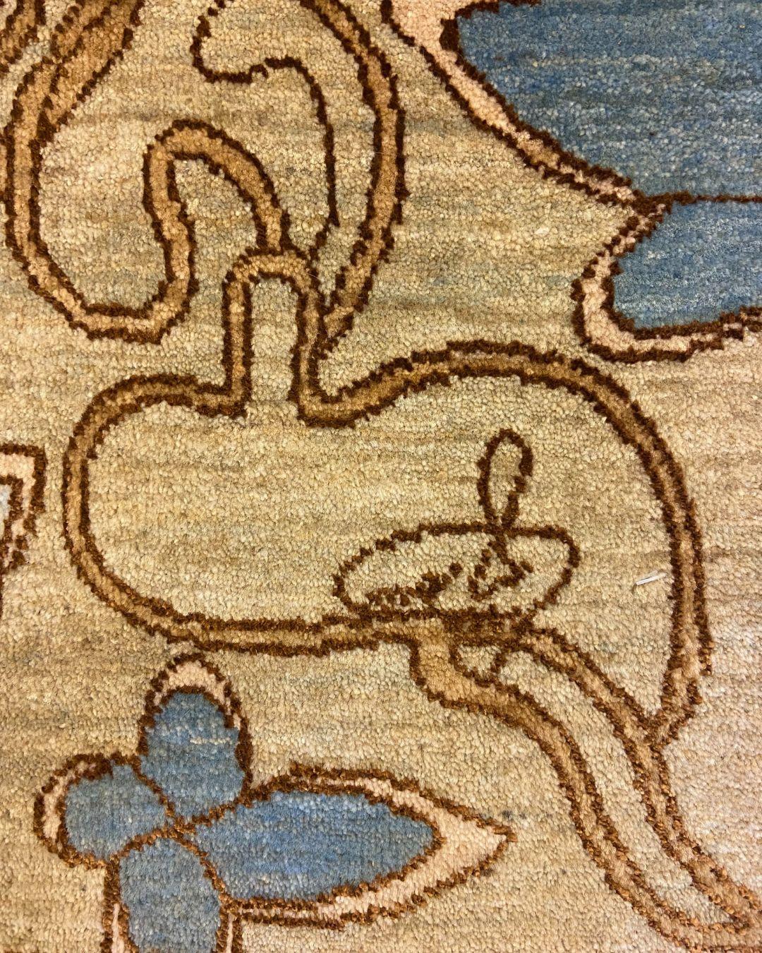 Art Nouveau Blue, Cream, Brown, and Green Wool and Silk Persian Rug, 4' x 6' For Sale 7