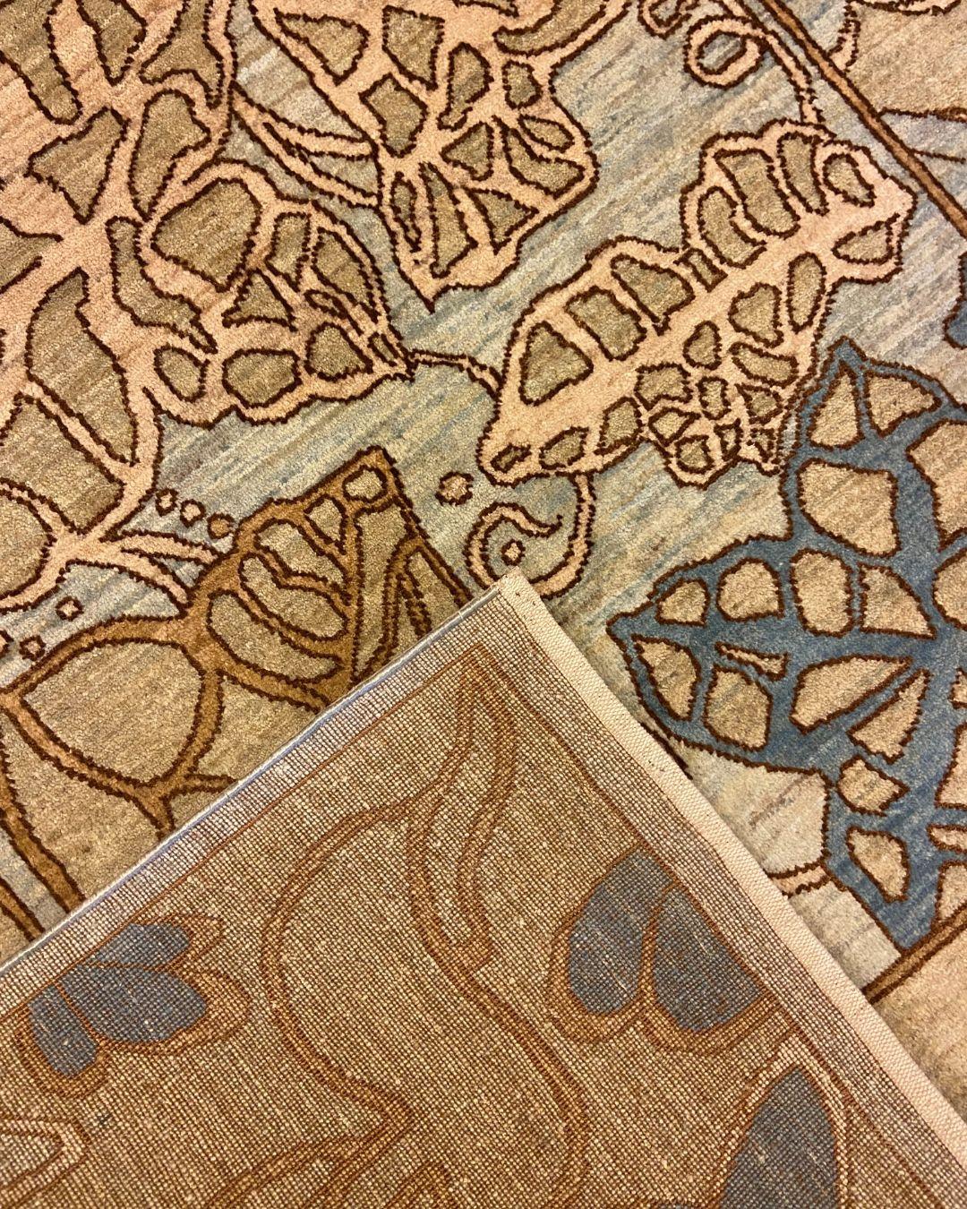 Art Nouveau Blue, Cream, Brown, and Green Wool and Silk Persian Rug, 4' x 6' For Sale 8