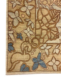 Art Nouveau Blue, Cream, Brown, and Green Wool and Silk Persian Rug, 4' x 6'