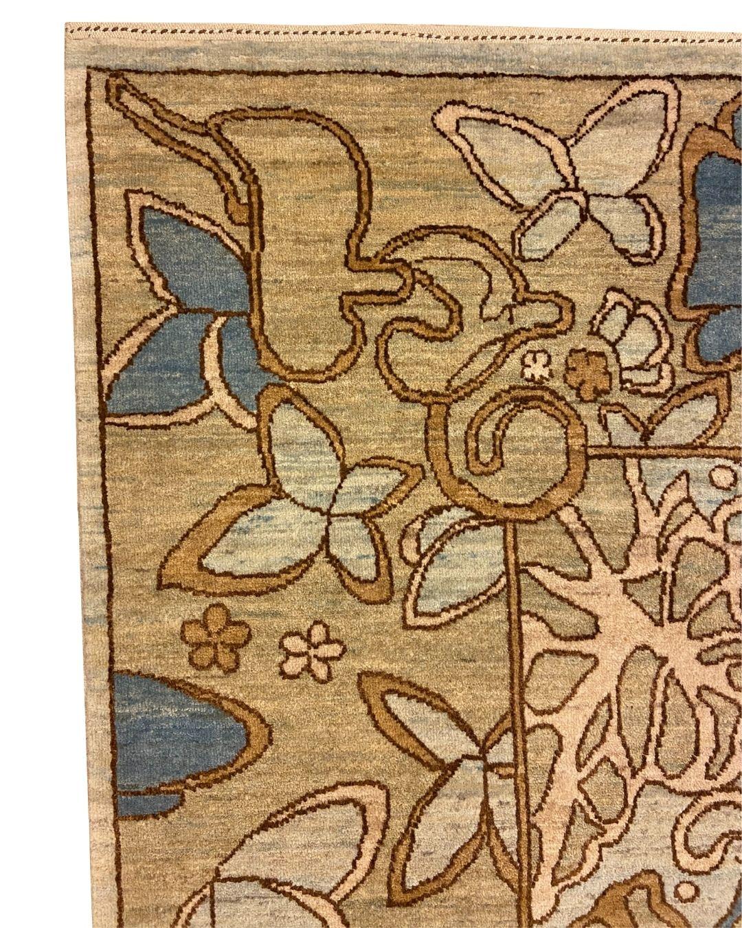 Hand-Knotted Art Nouveau Blue, Cream, Brown, and Green Wool and Silk Persian Rug, 4' x 6' For Sale