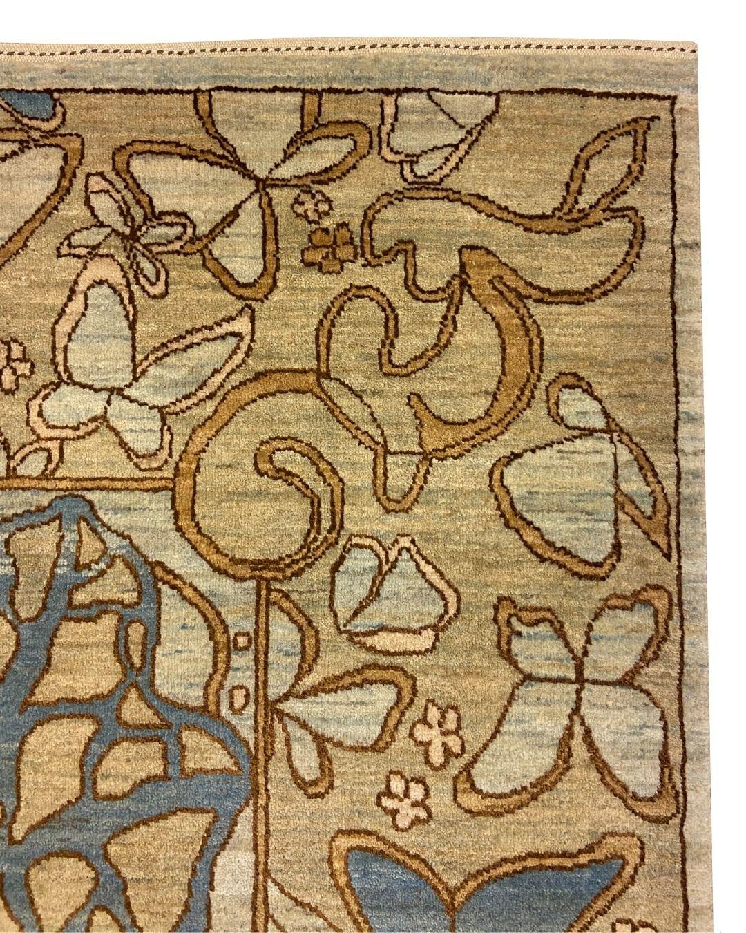 Art Nouveau Blue, Cream, Brown, and Green Wool and Silk Persian Rug, 4' x 6' In New Condition For Sale In New York, NY