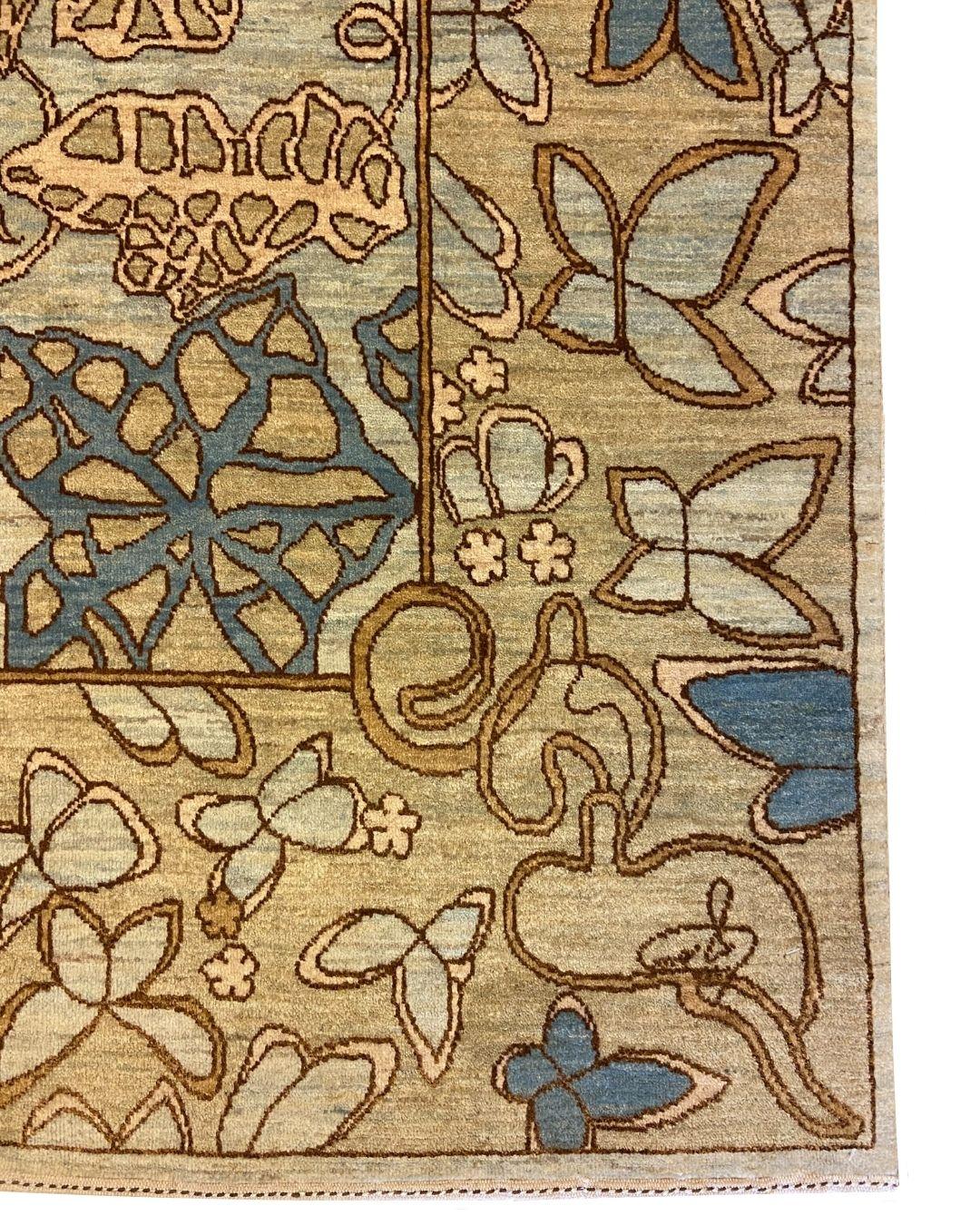 Contemporary Art Nouveau Blue, Cream, Brown, and Green Wool and Silk Persian Rug, 4' x 6' For Sale