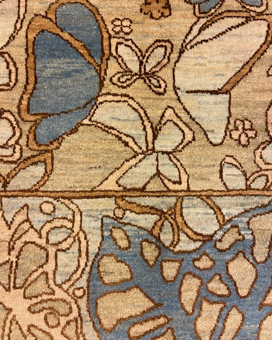 Art Nouveau Blue, Cream, Brown, and Green Wool and Silk Persian Rug, 4' x 6' For Sale 3