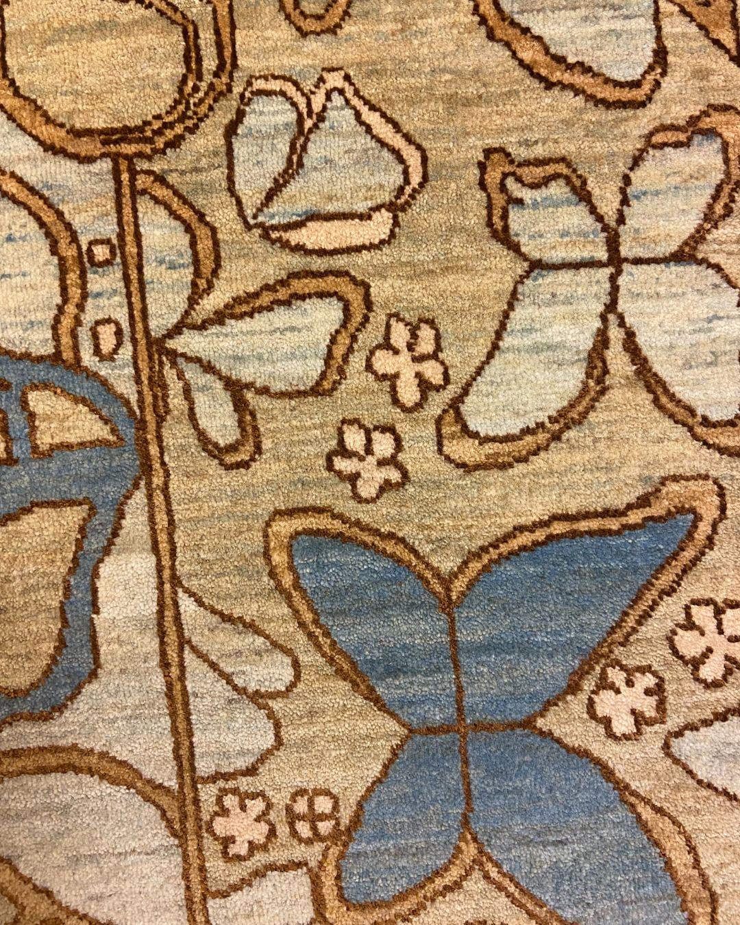 Art Nouveau Blue, Cream, Brown, and Green Wool and Silk Persian Rug, 4' x 6' For Sale 4