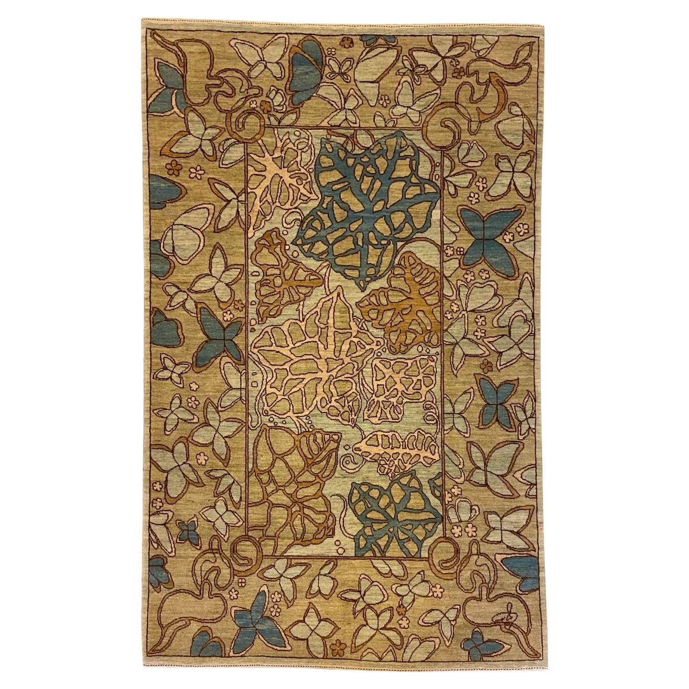 Art Nouveau Blue, Cream, Brown, and Green Wool and Silk Persian Rug, 4' x 6' For Sale