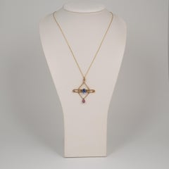 Art Nouveau Blue and Pink Sapphire Pearl Pendant Necklace 15 Carat Yellow Gold