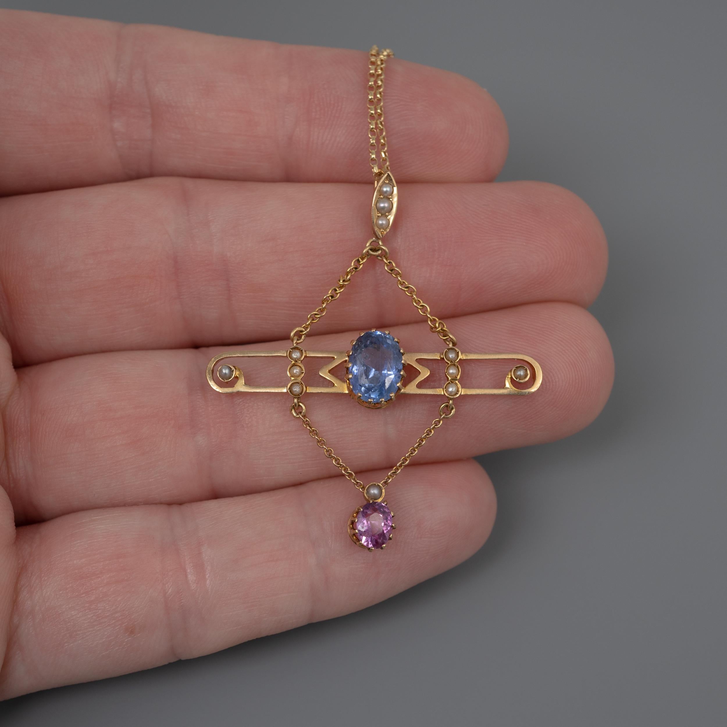 Art Nouveau Blue and Pink Sapphire Pearl Pendant Necklace 15 Carat Yellow Gold In Good Condition For Sale In Preston, Lancashire