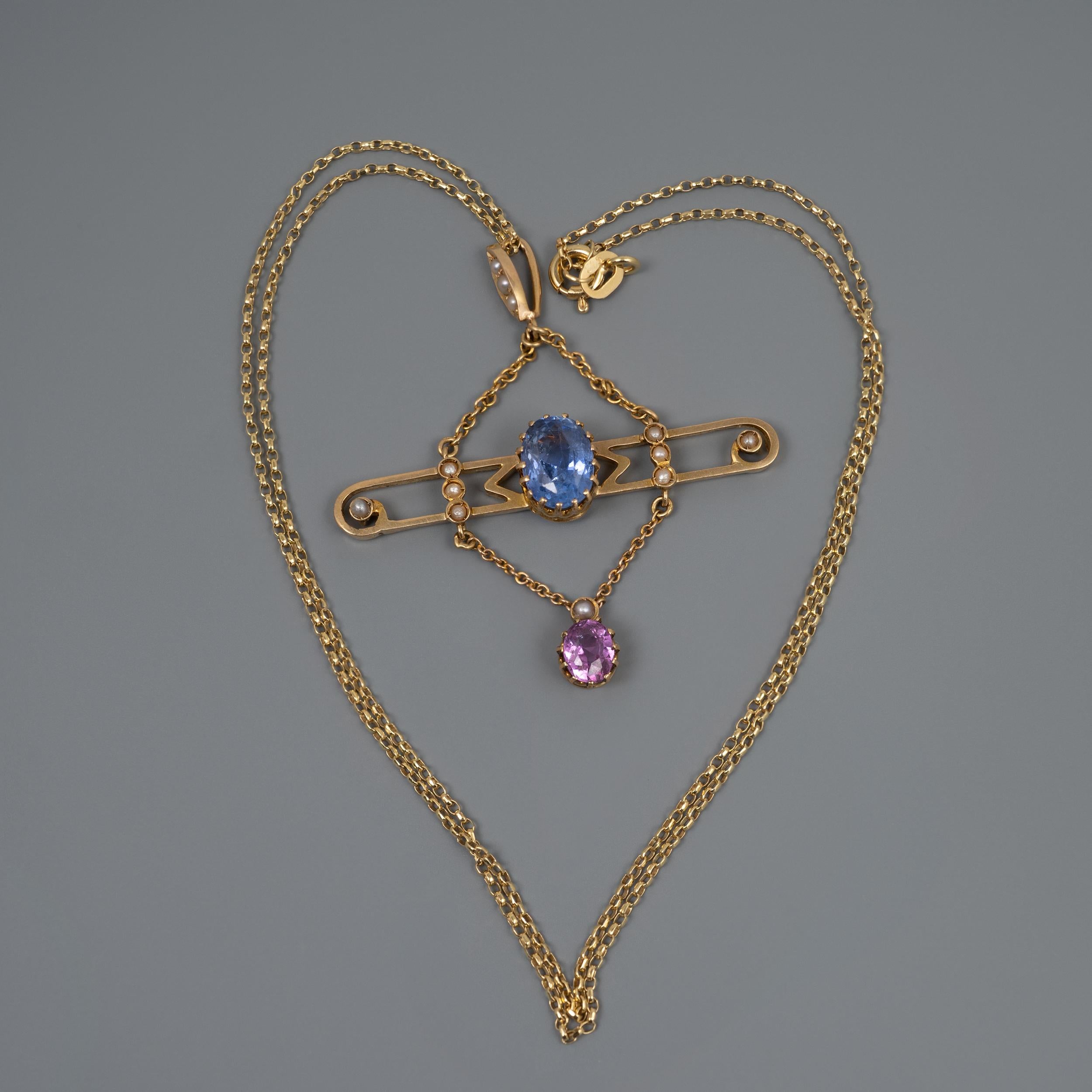 Women's Art Nouveau Blue and Pink Sapphire Pearl Pendant Necklace 15 Carat Yellow Gold For Sale
