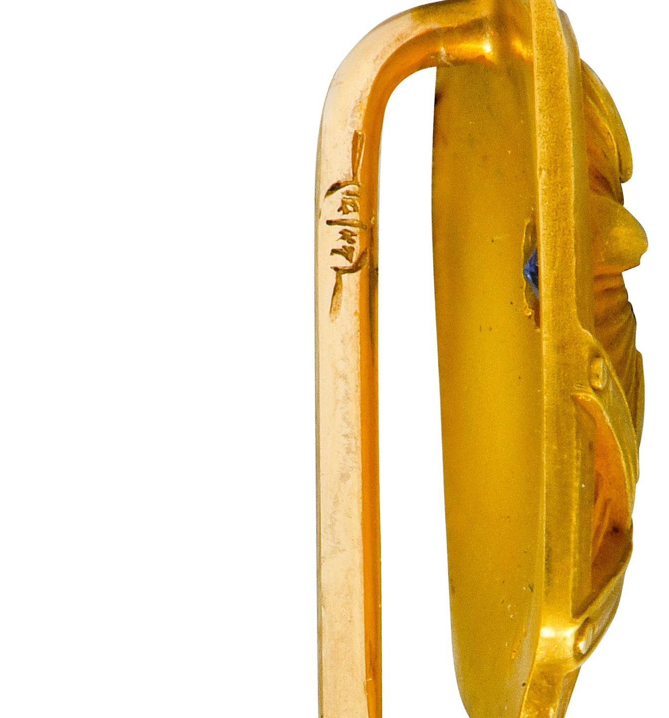 Art Nouveau Blue Sapphire 14 Karat Yellow Gold Shield Stickpin 2