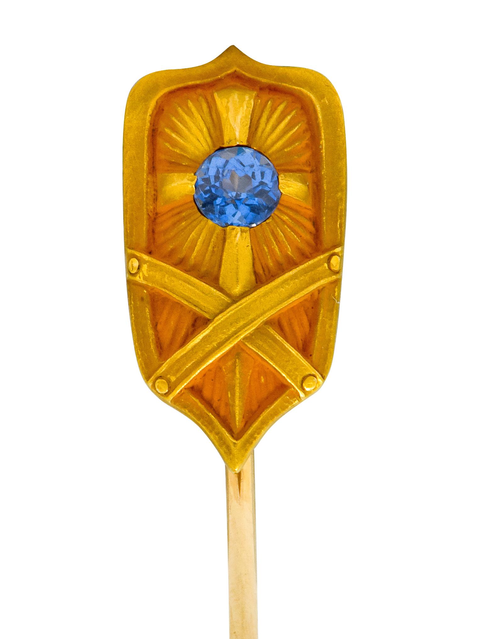 Art Nouveau Blue Sapphire 14 Karat Yellow Gold Shield Stickpin 3