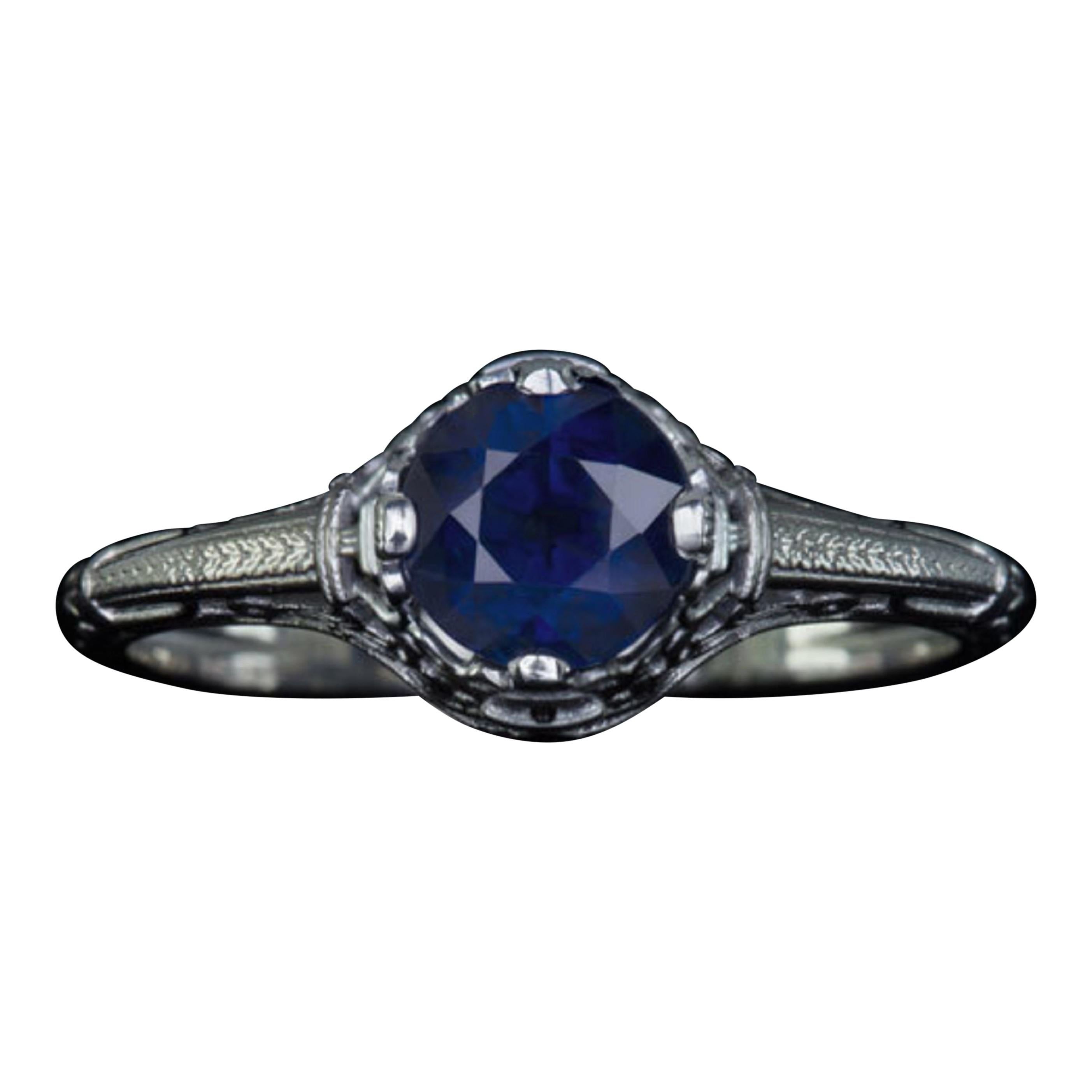 Art Nouveau Blue Sapphire White Gold Filigree Solitaire Ring