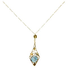 Art Nouveau Blue Zircon 14 Karat Gold Ivy Grape Pendant Necklace
