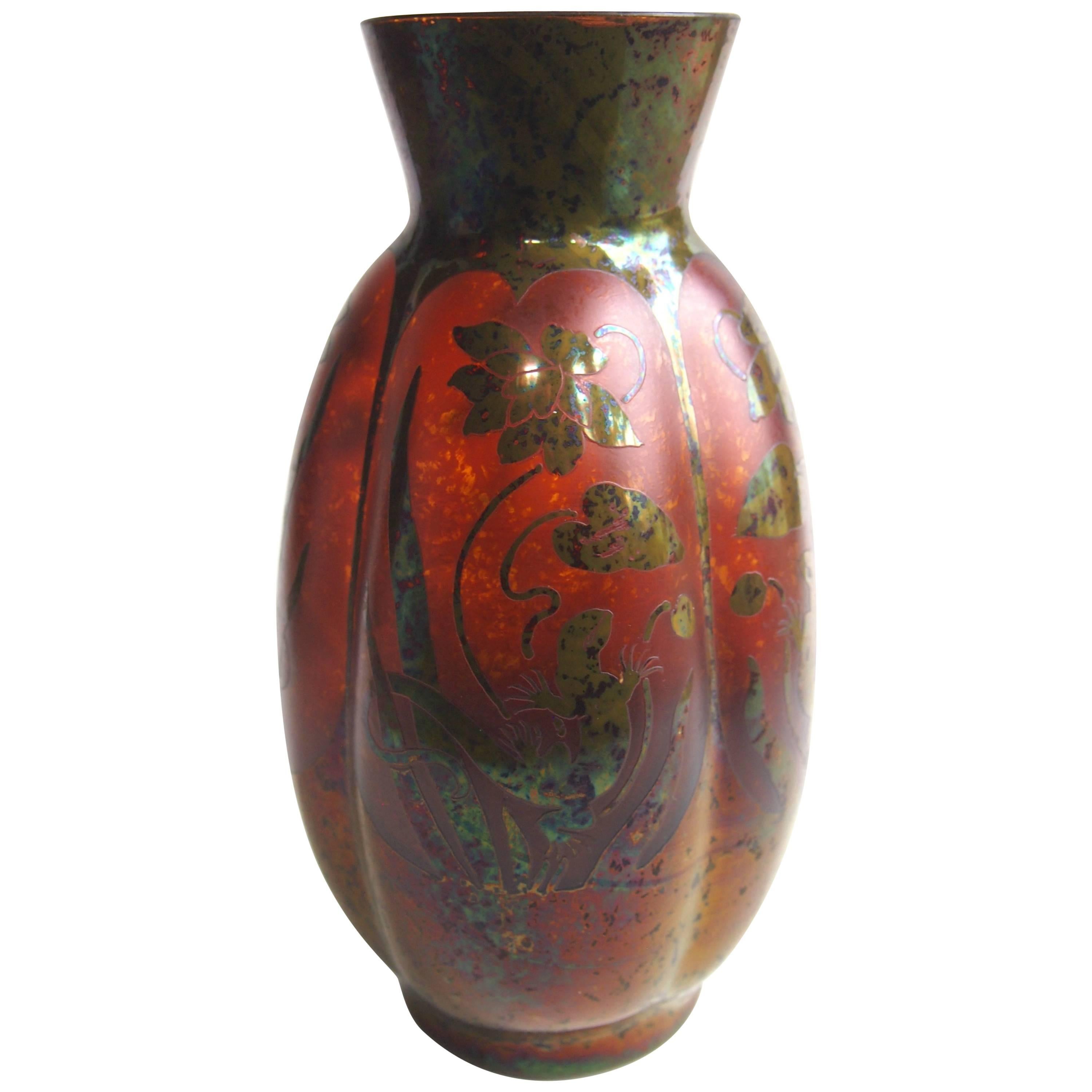Art Nouveau Bohemian Aged Metal Effect Carl Goldberg Salamander Cameo Glass Vase For Sale