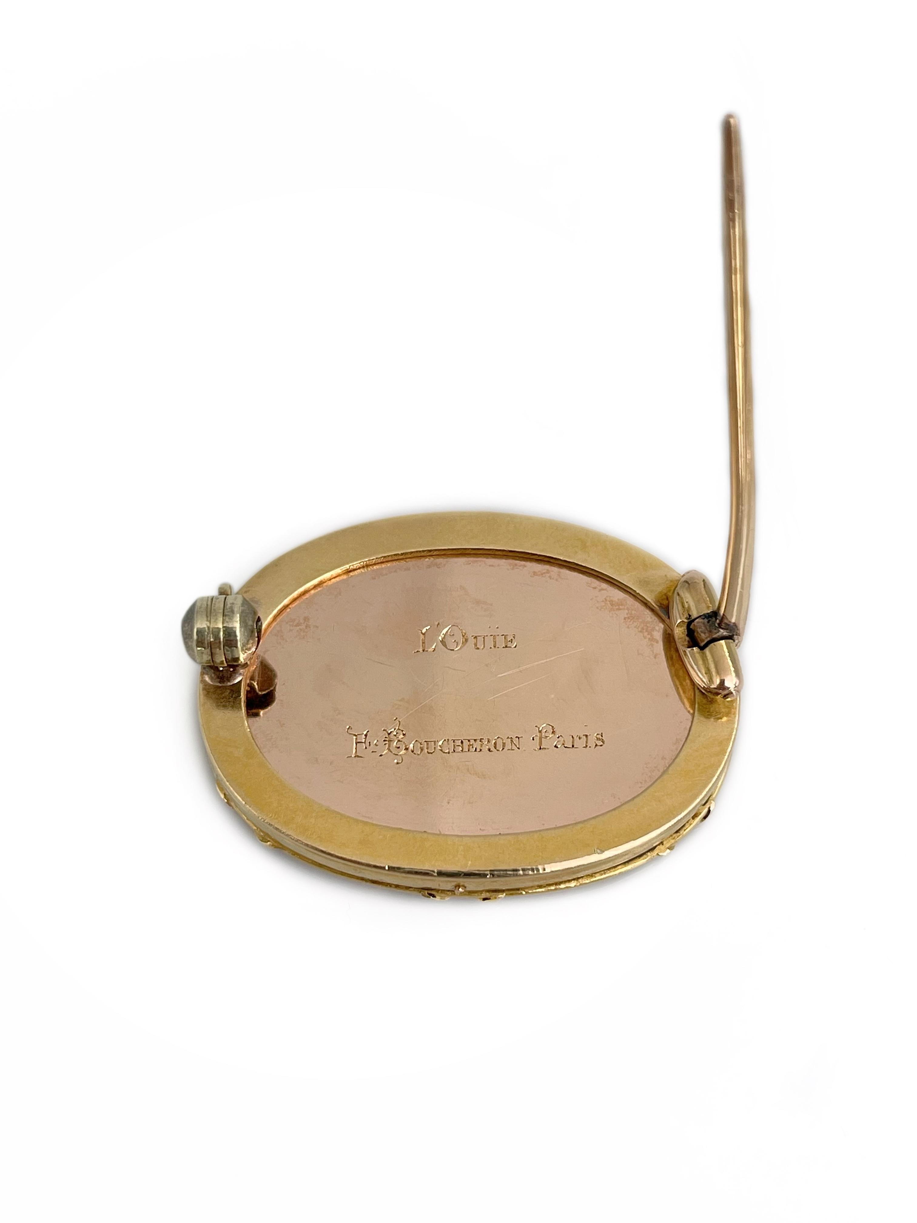 Women's or Men's Art Nouveau Boucheron 18 Karat Gold Music Lady Scene Brooch