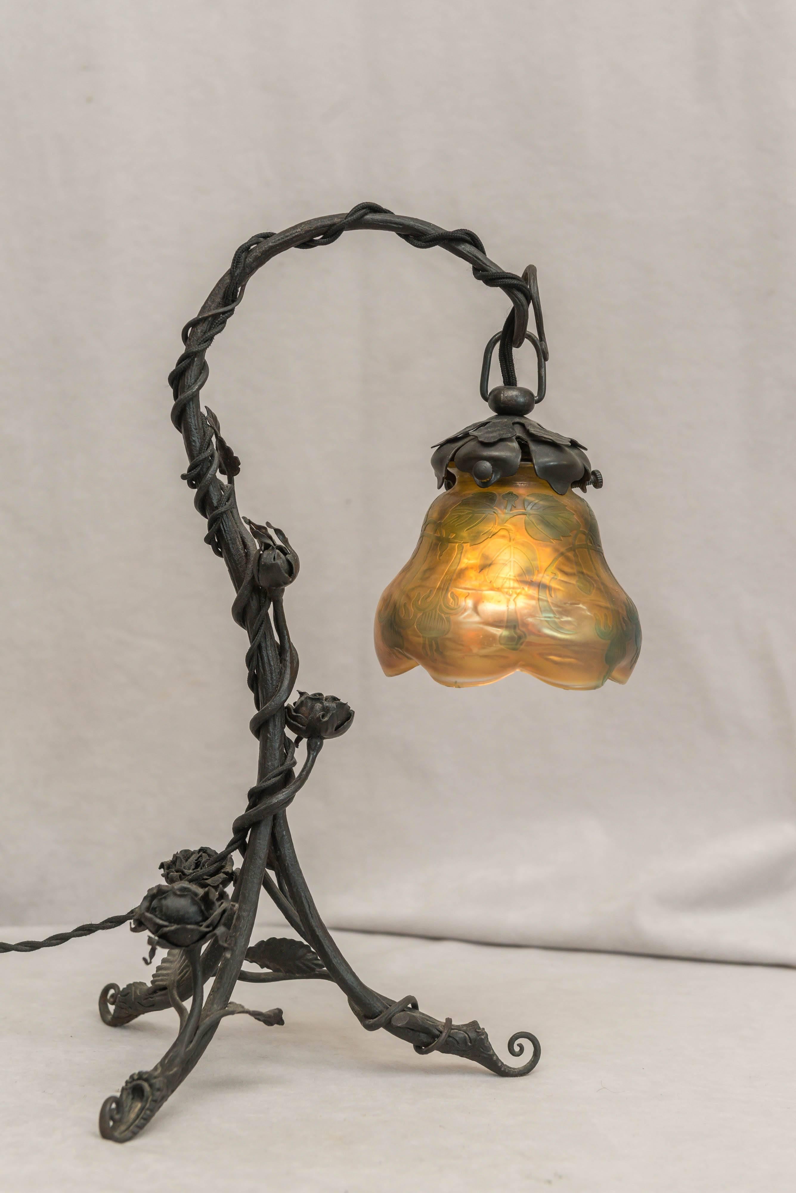 French Art Nouveau Boudoir Lamp with Cameo Glass Shade