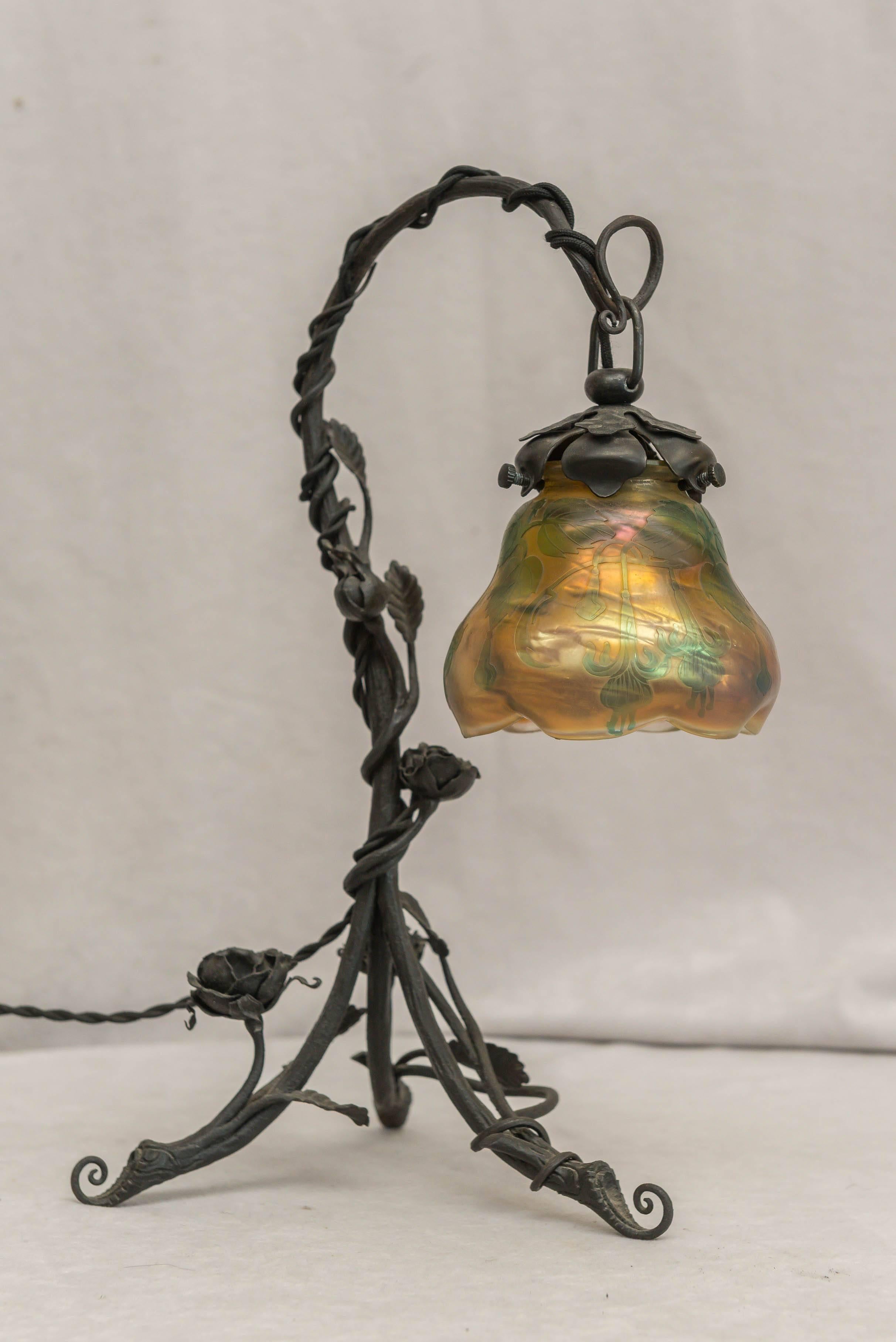 Hand-Crafted Art Nouveau Boudoir Lamp with Cameo Glass Shade