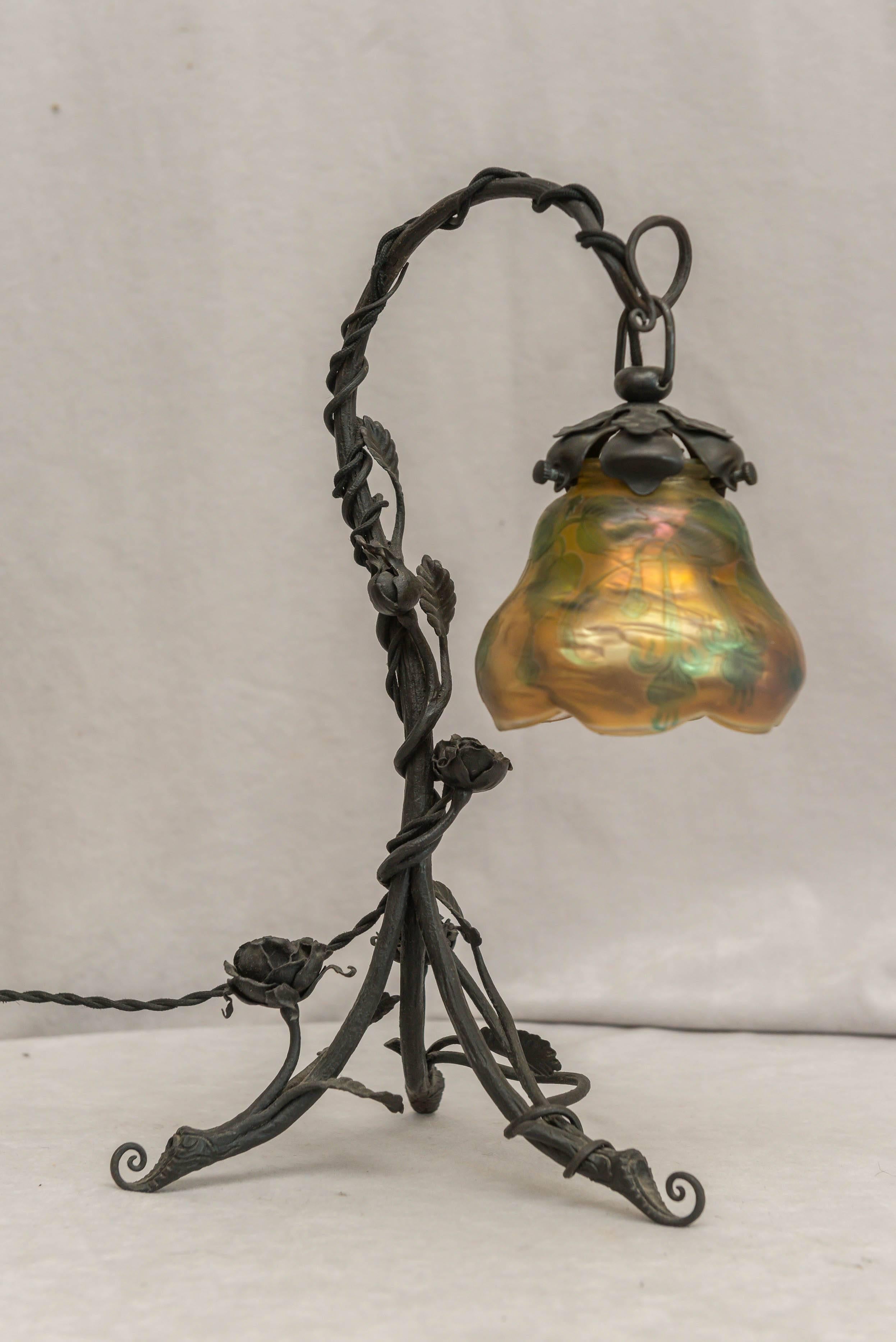 Art Nouveau Boudoir Lamp with Cameo Glass Shade In Excellent Condition In Petaluma, CA