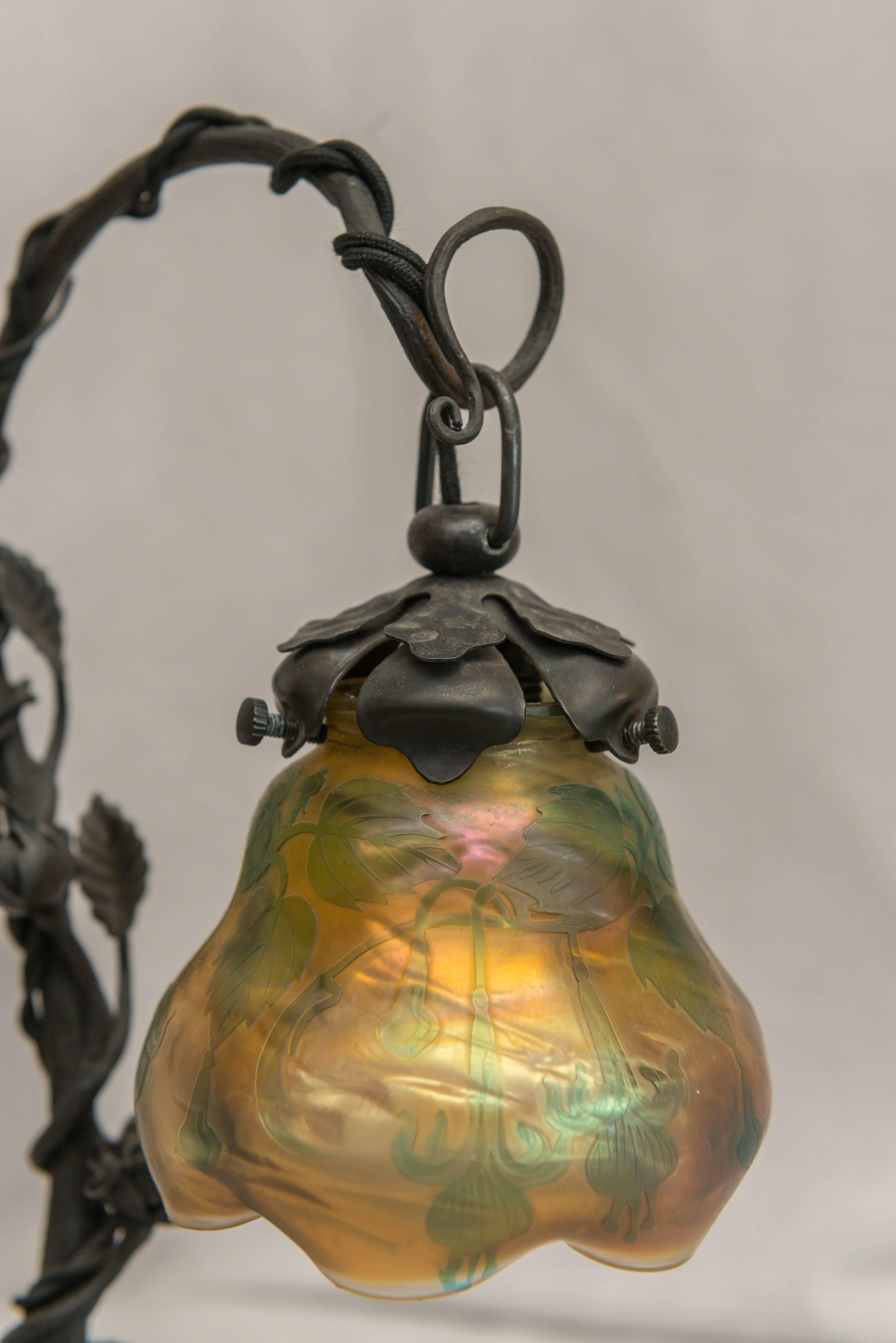 Iron Art Nouveau Boudoir Lamp with Cameo Glass Shade