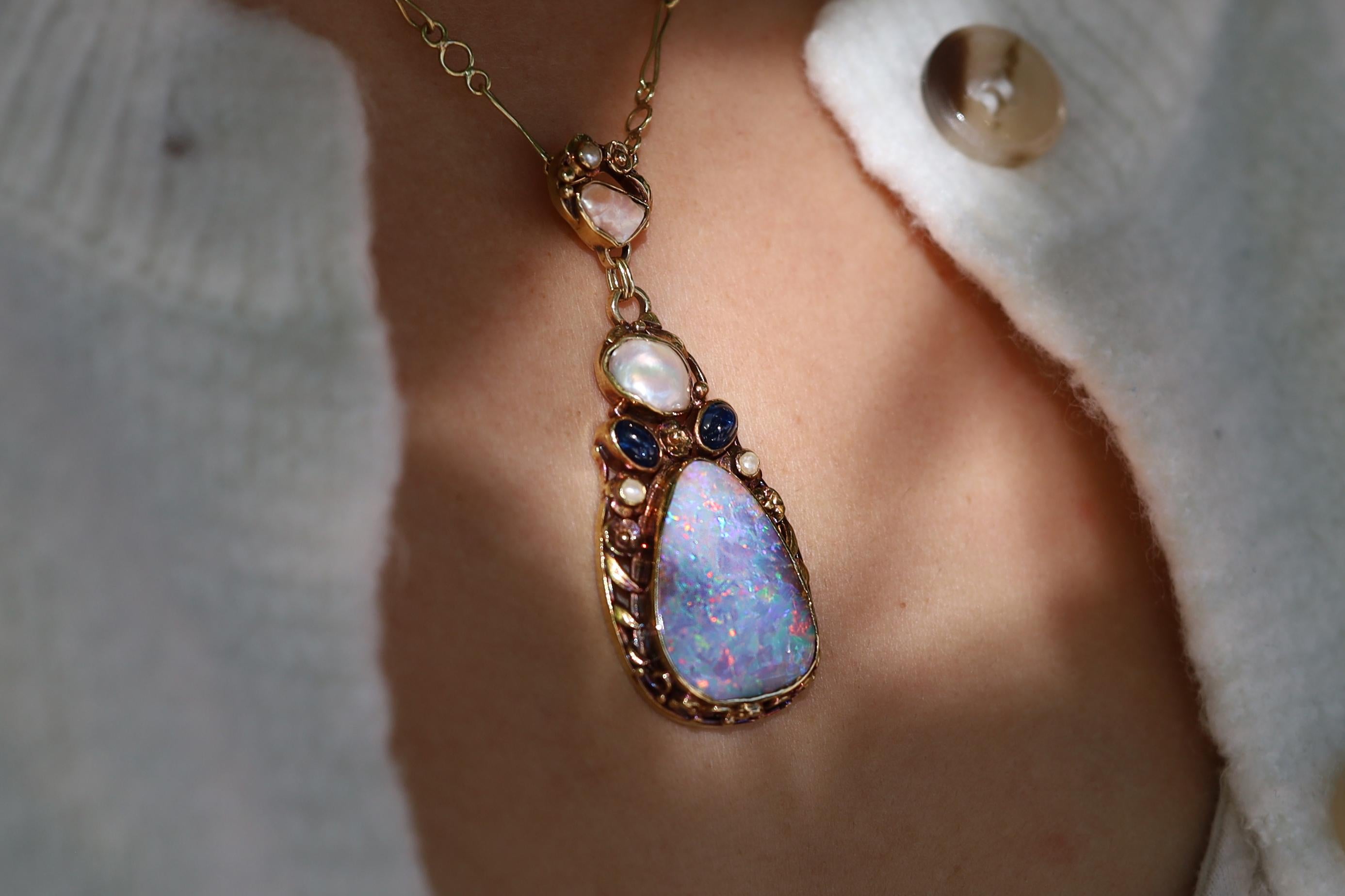Cabochon Art Nouveau Boulder Opal Pearl & Sapphire Necklace For Sale